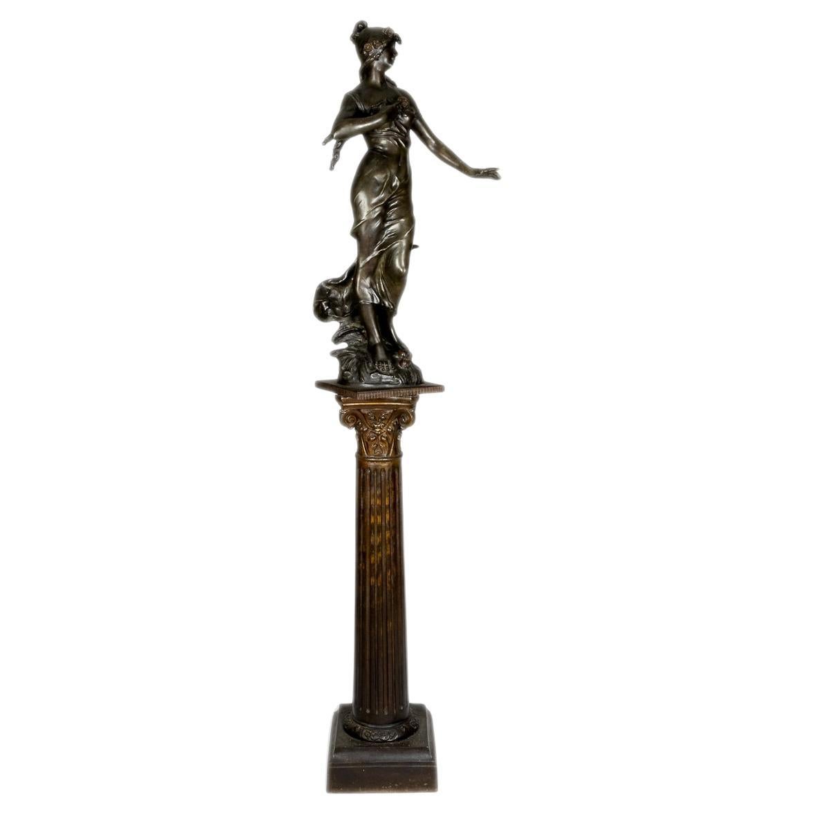 Belle Époque Sculpture, Woman With Roses by Aug. Moreau, 19th Century