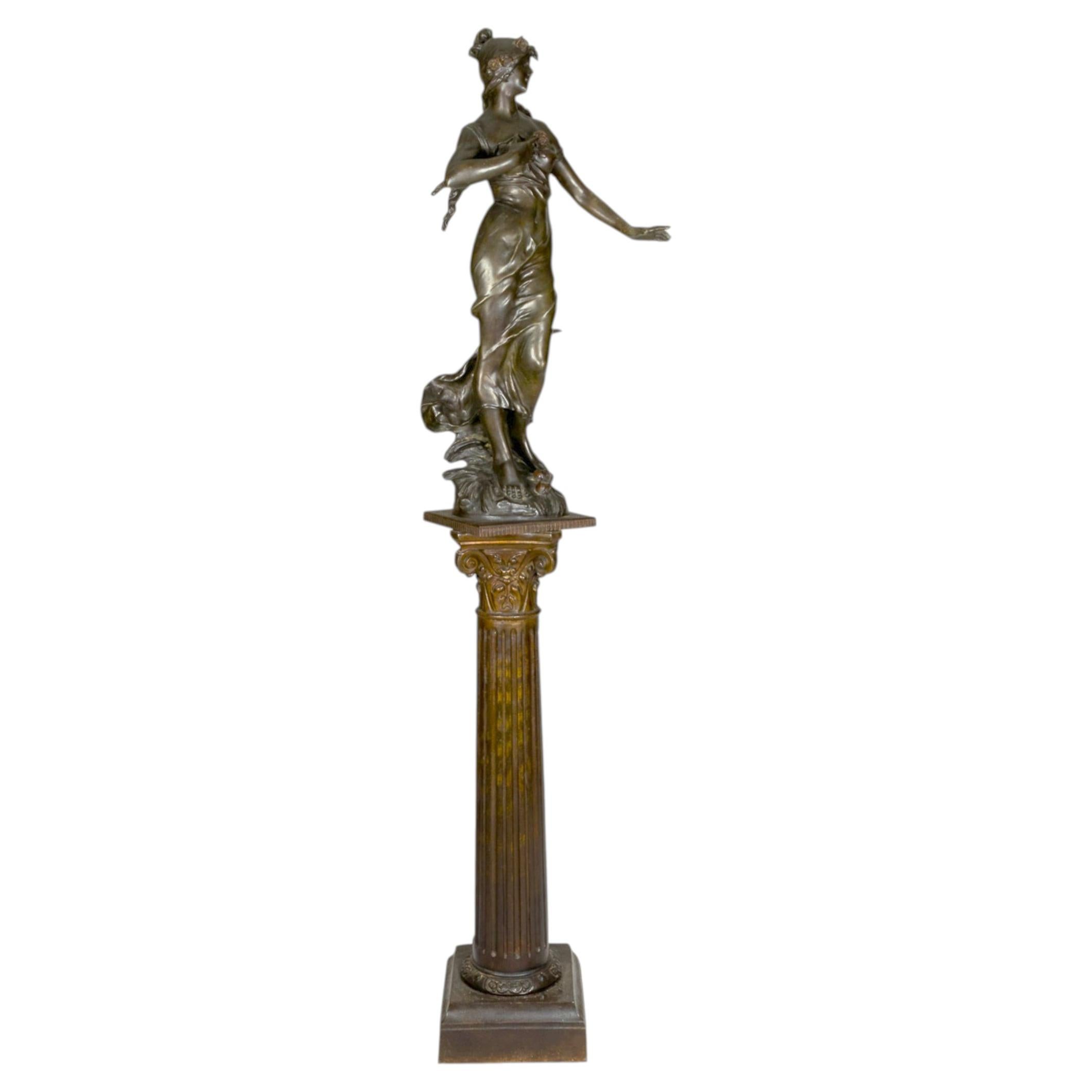 Belle Époque Sculpture, Woman With Roses by Aug. Moreau, 19th Century For Sale