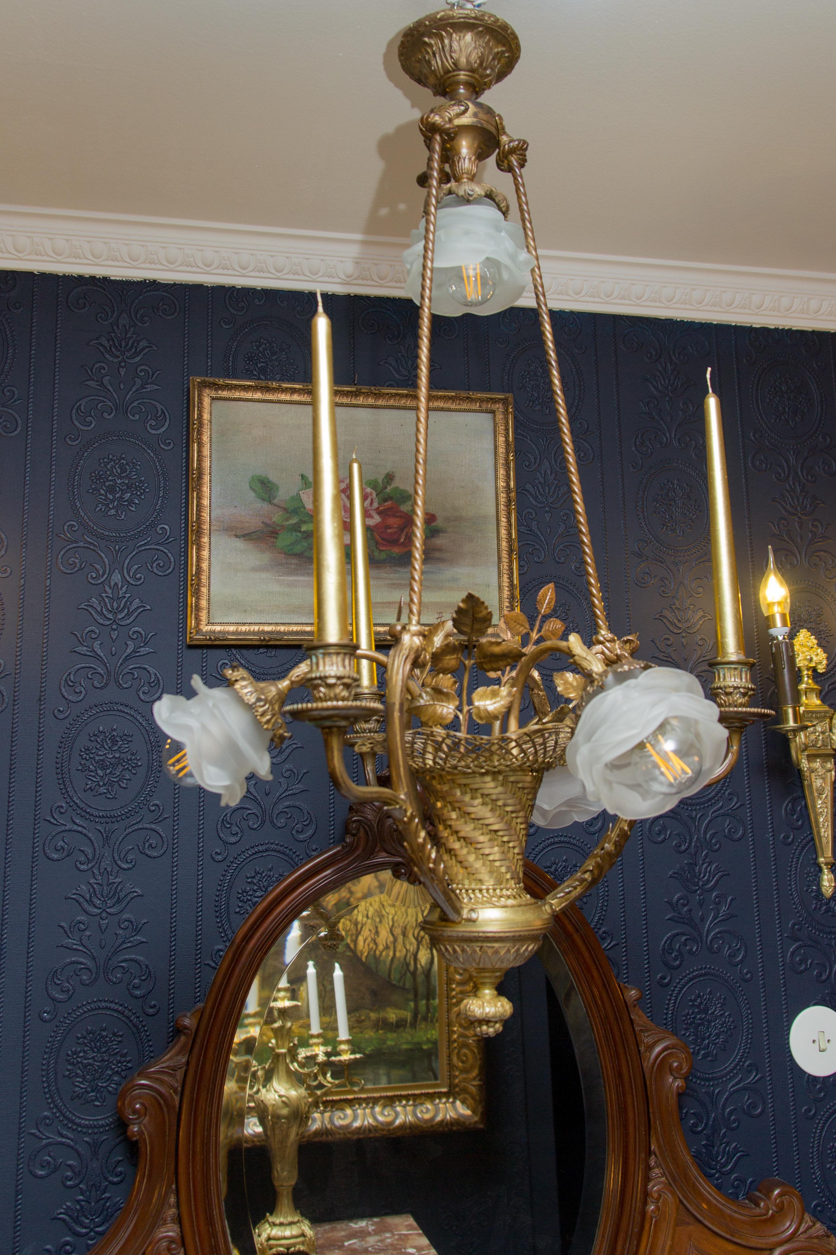 Belle Époque Seven-Light Bronze Basket Chandelier 4