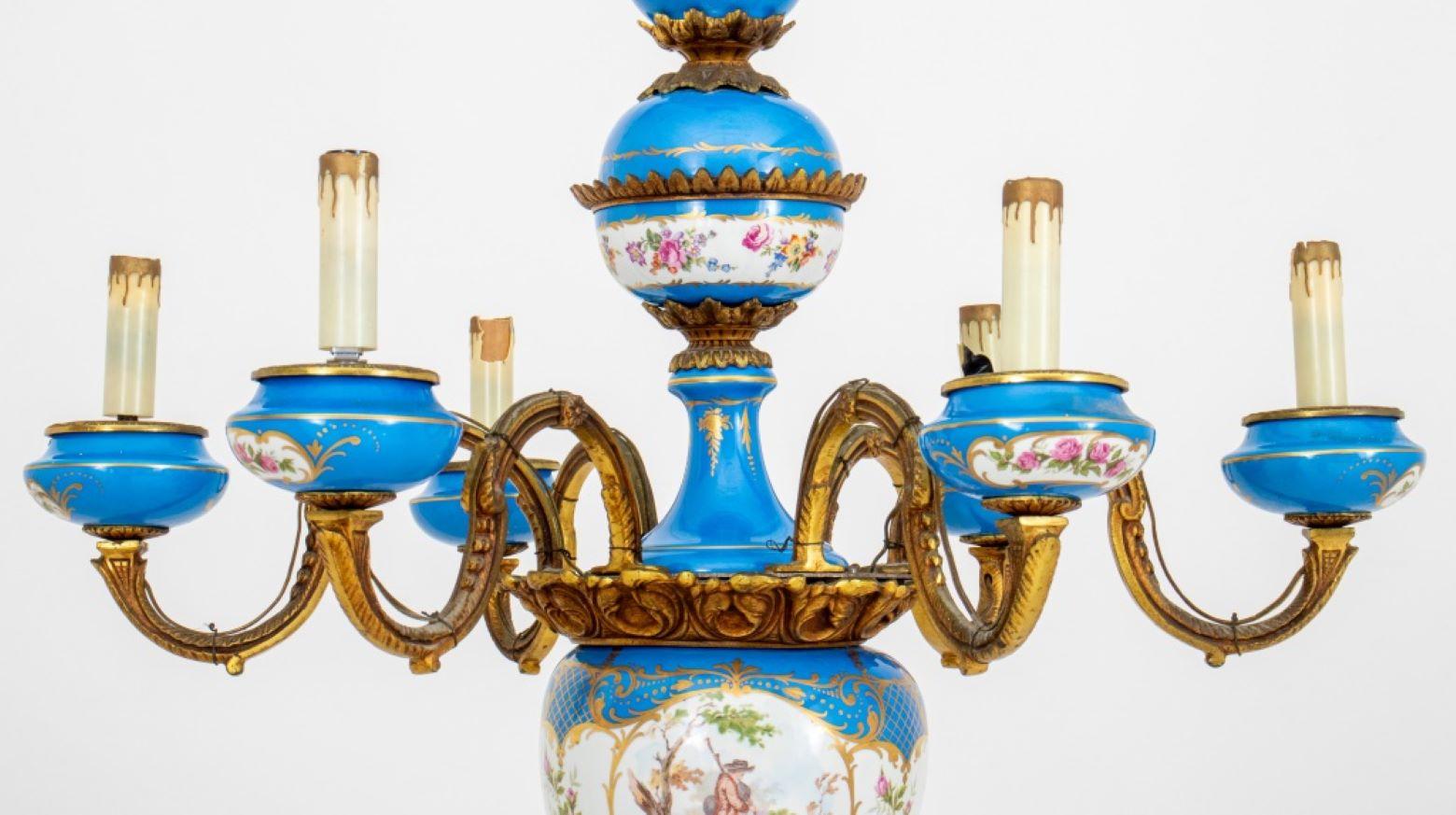 Belle Epoque Sevres Six-Light Porcelain and Ormolu Chandelier, 20th century, with hand-painted courtship scenes and gilt accents, porcelain marked and signed. 44