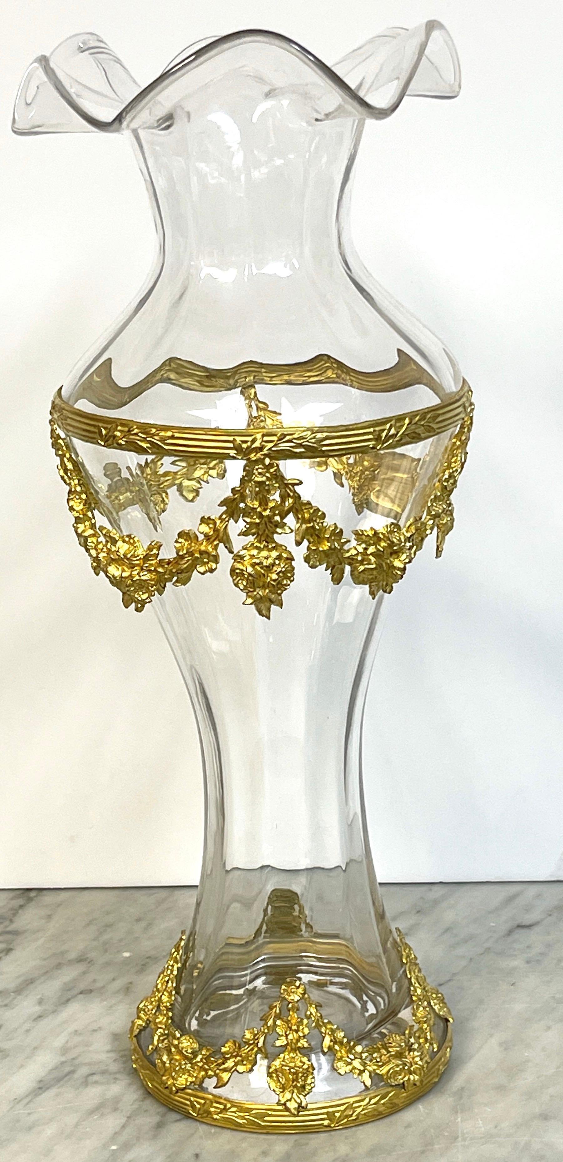 Engraved Belle Époque Signed Sevres Crystal Ormolu Mounted Tall Vase For Sale