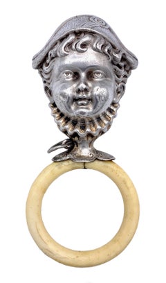 Belle Époque Silver Celluloid Child Jester Joker Tricorn Hat Ruff Baby Rattle