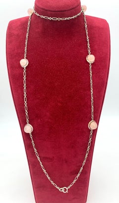 Belle Époque Silver Long Guard Chain Rose Quarz Cabochon Facetted Crystal Glass