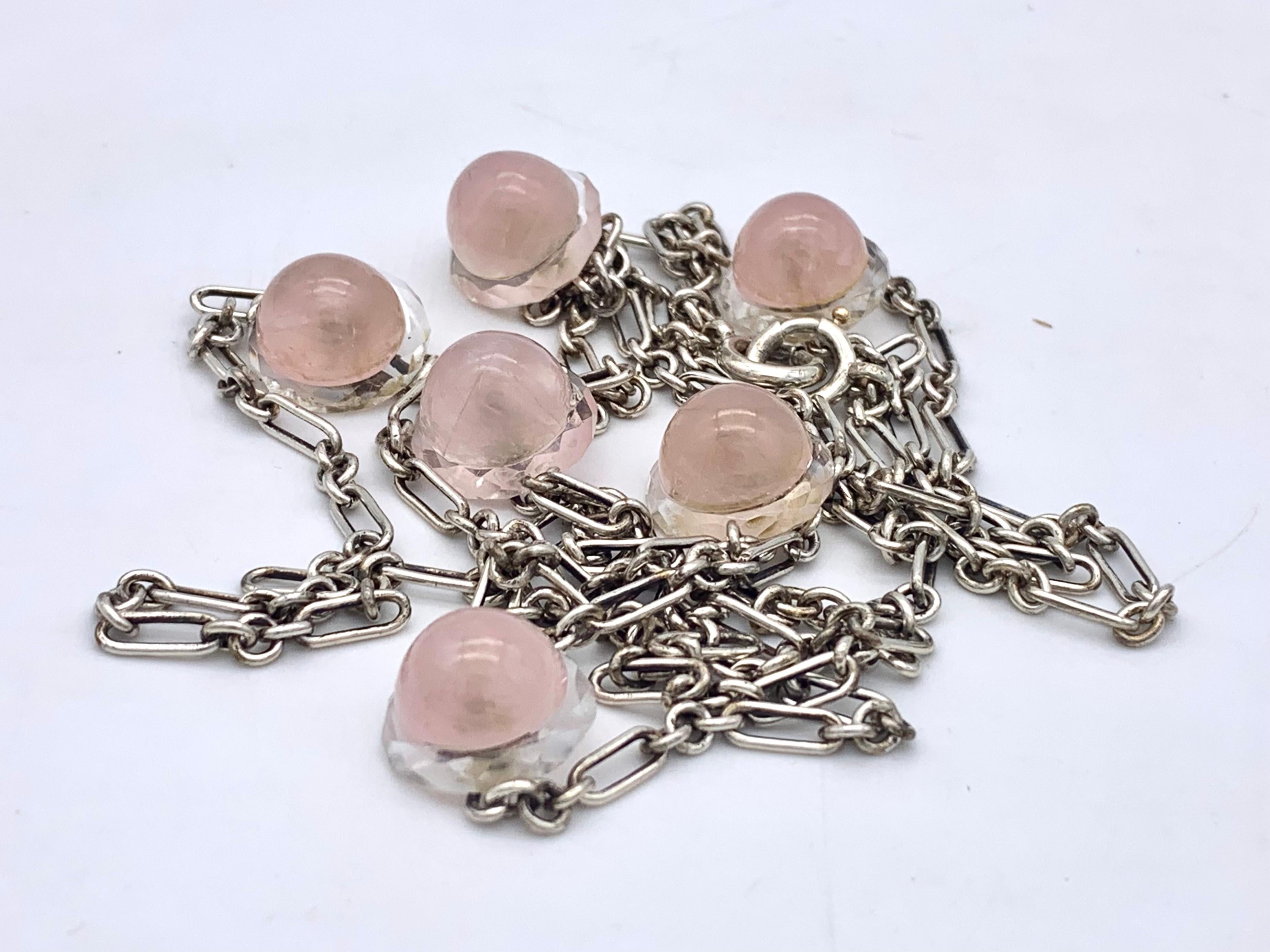 Donna Catena da guardia lunga Belle Époque in argento Cabochon di quarzo rosa sfaccettato in vetro in vendita