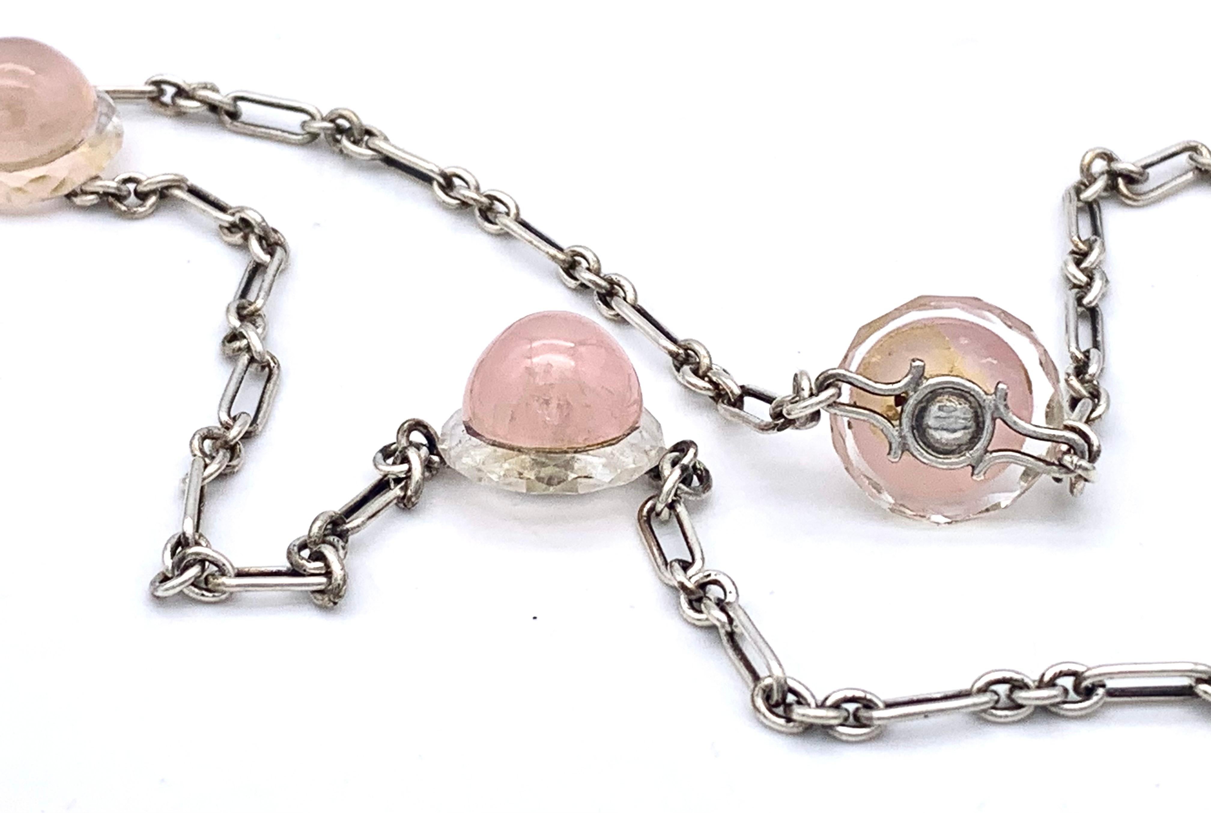 Catena da guardia lunga Belle Époque in argento Cabochon di quarzo rosa sfaccettato in vetro in vendita 1