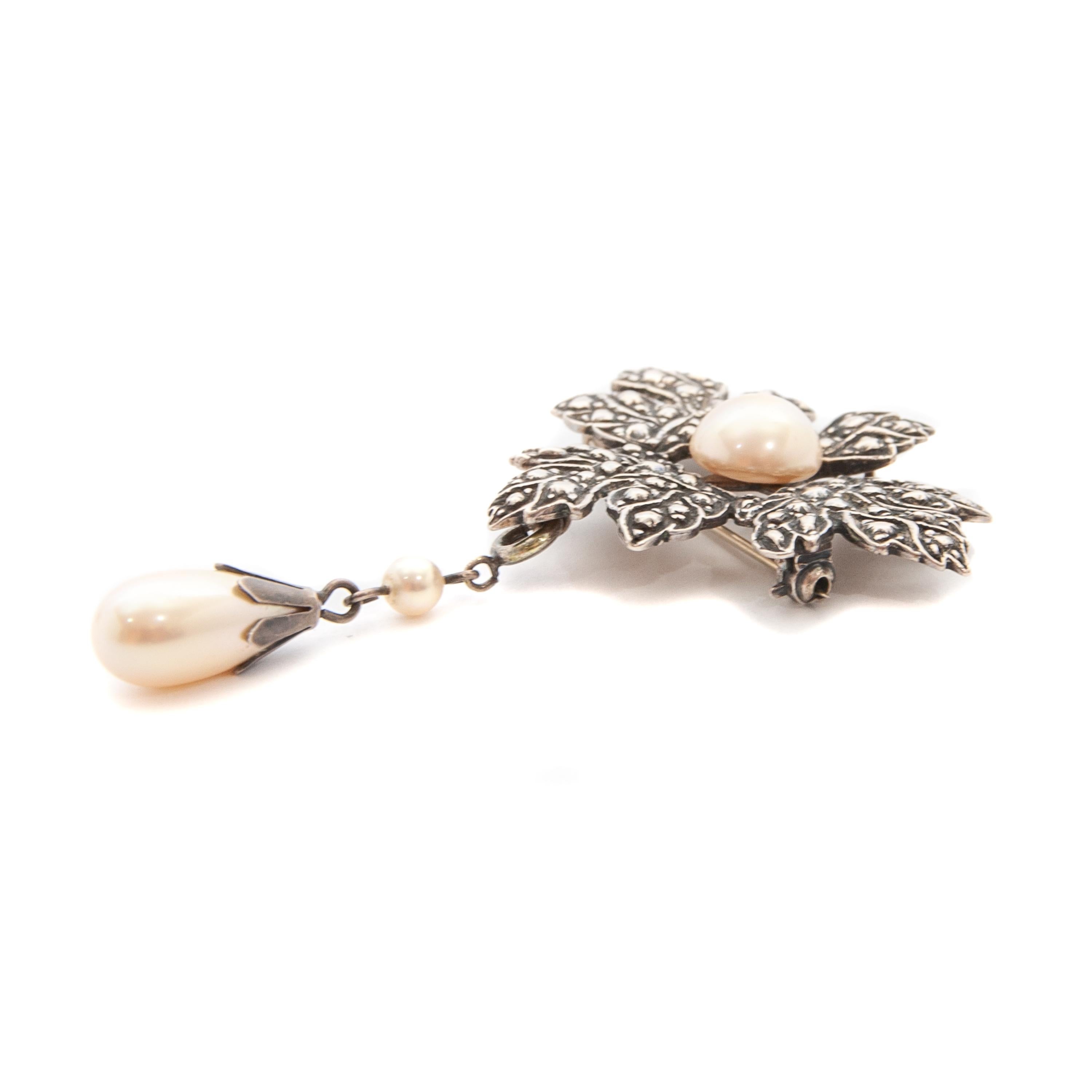 Silver Maple Leaf Pearl Pendant Brooch 3