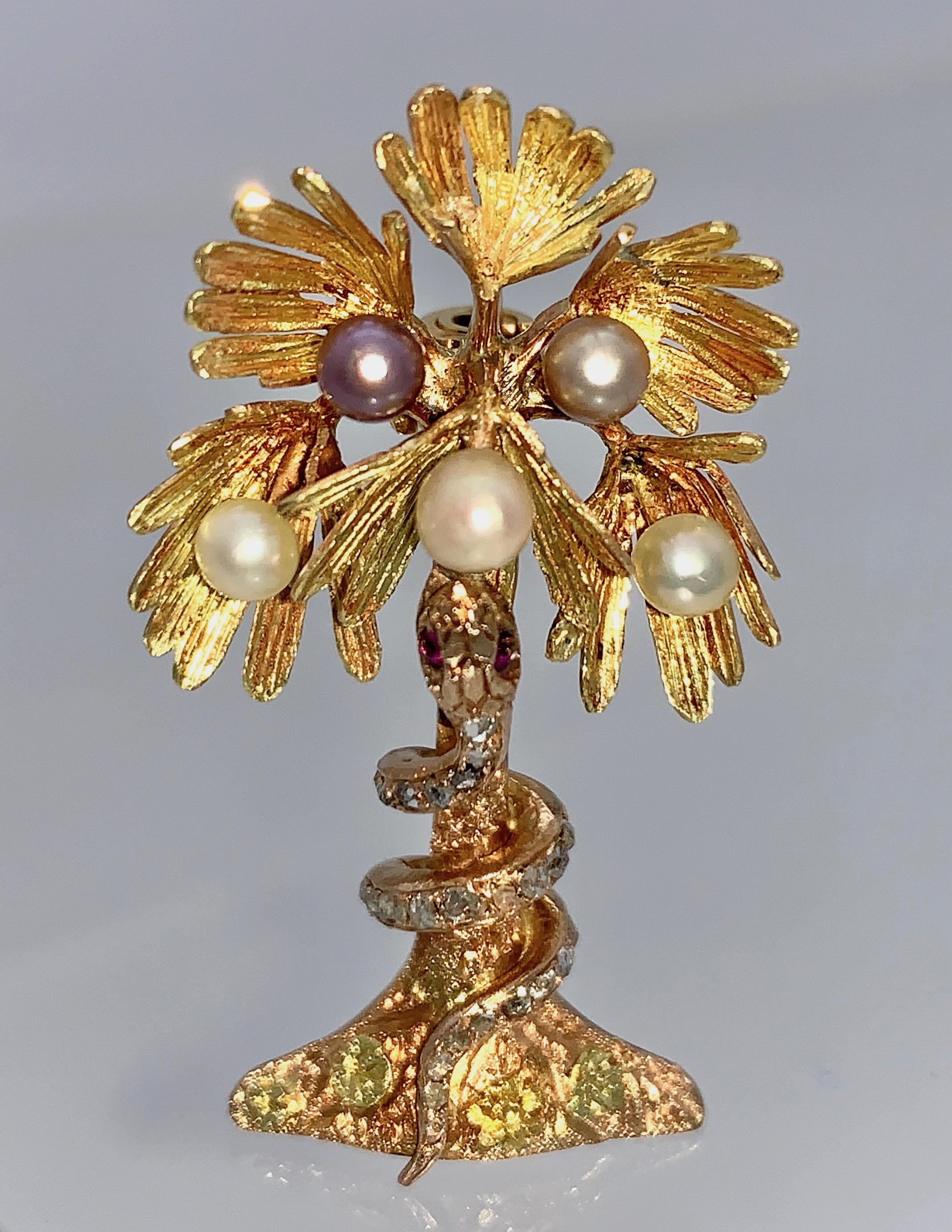 Women's or Men's Belle Époque Snake Coconut Palm Tree Diamond Ruby Pearls 18 Karat Two-Color Gold For Sale