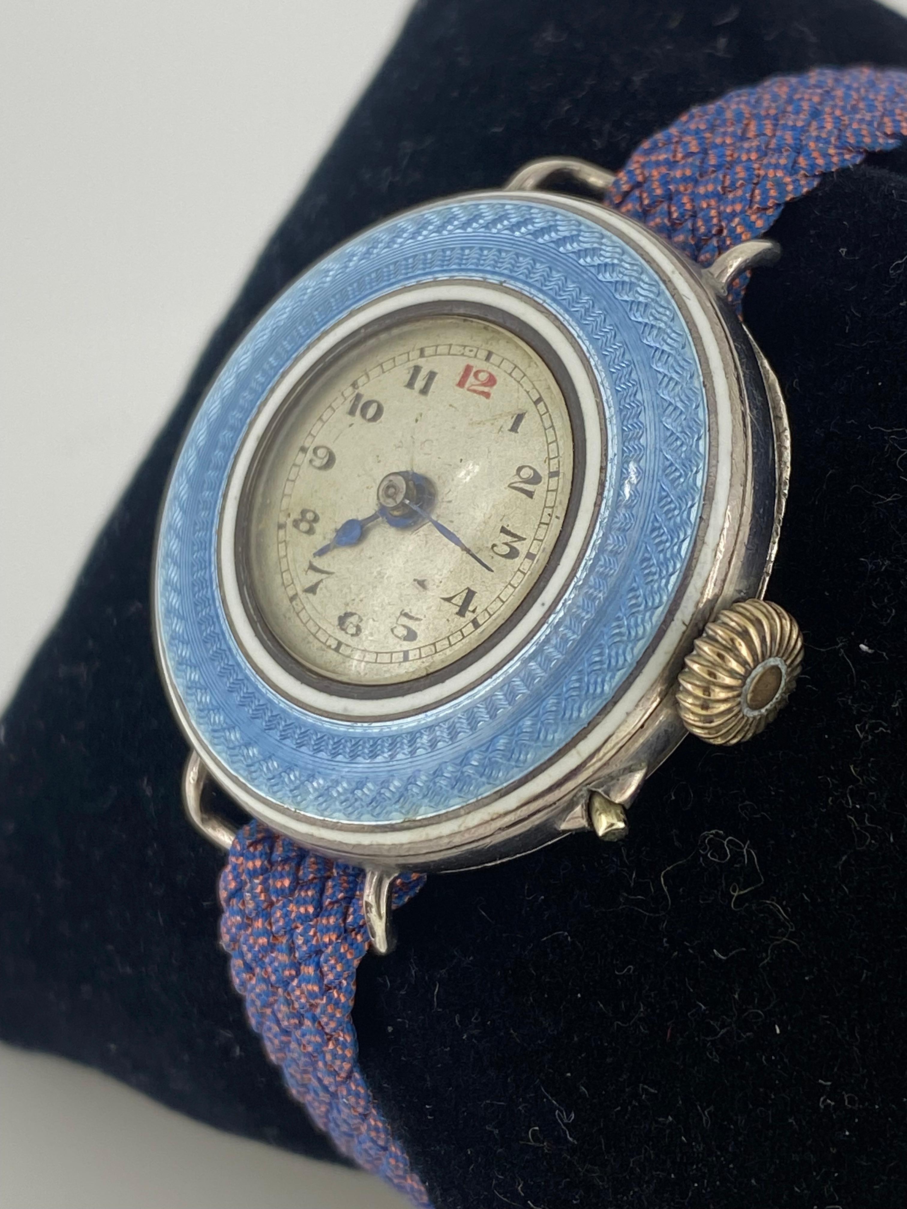 Edwardian Belle Époque Solid Silver & Sky Blue Guilloché Enamel c1910 28mm Ladies' Watch For Sale