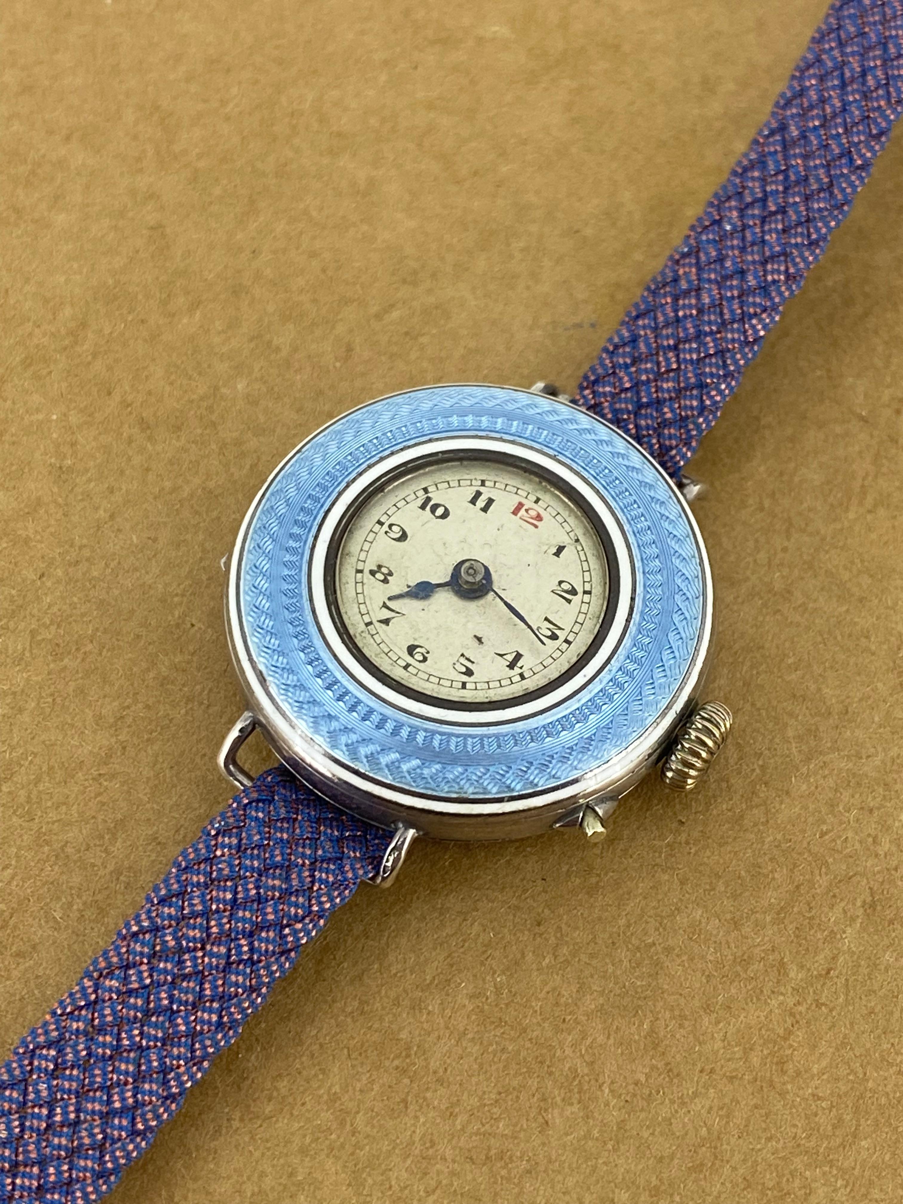 Belle Époque Solid Silver & Sky Blue Guilloché Enamel c1910 28mm Ladies' Watch For Sale 1