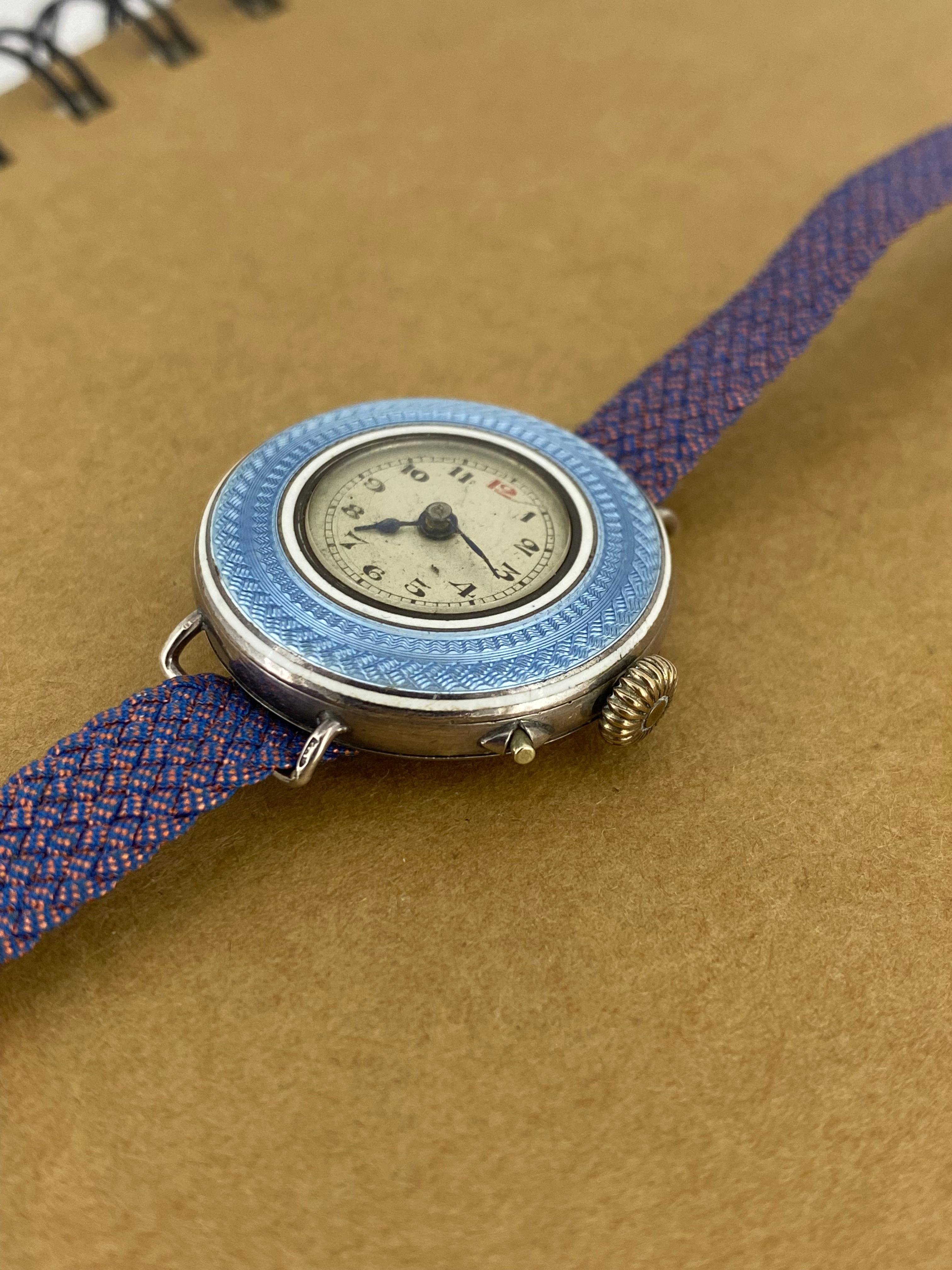 Belle Époque Solid Silver & Sky Blue Guilloché Enamel c1910 28mm Ladies' Watch For Sale 2