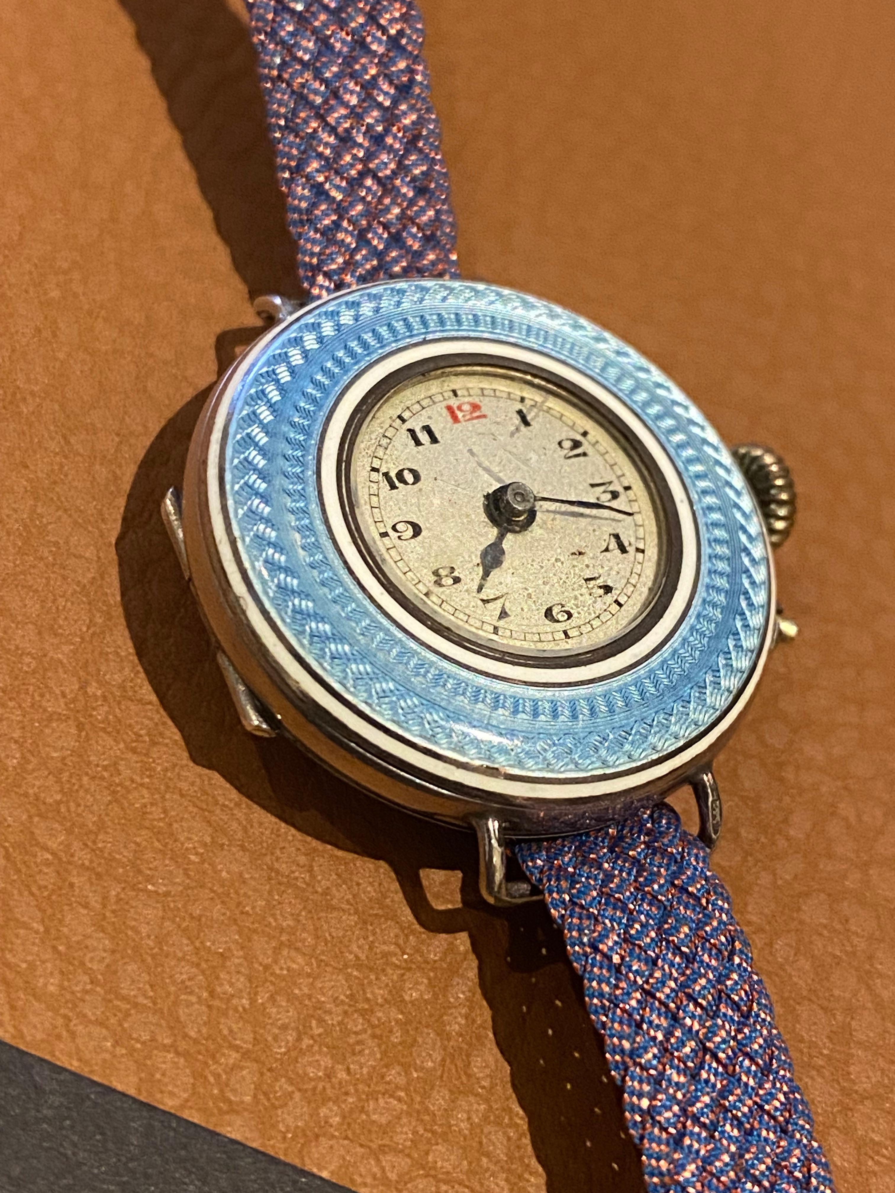 Belle Époque Solid Silver & Sky Blue Guilloché Enamel c1910 28mm Ladies' Watch For Sale 4