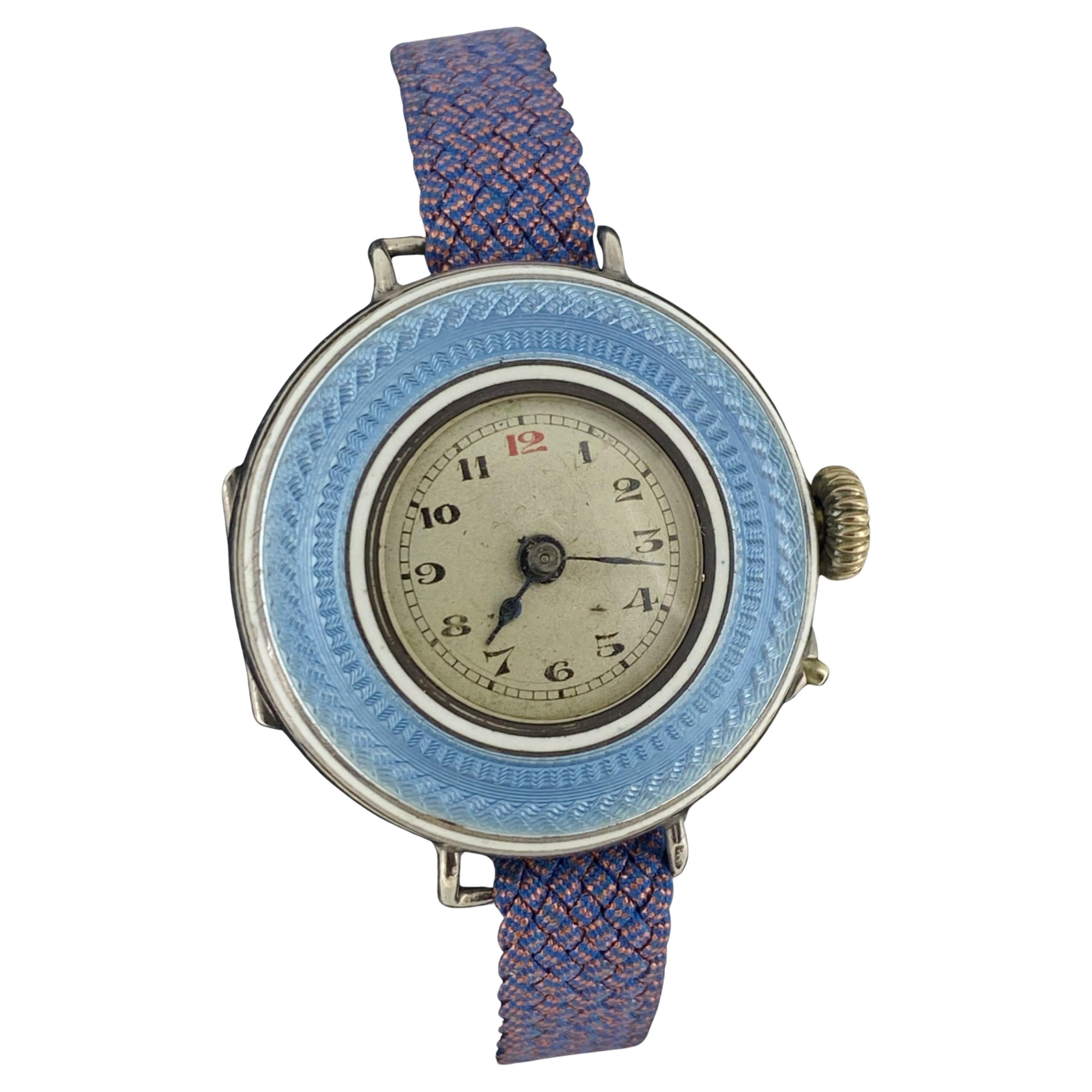 Belle Époque Solid Silver & Sky Blue Guilloché Enamel c1910 28mm Ladies' Watch