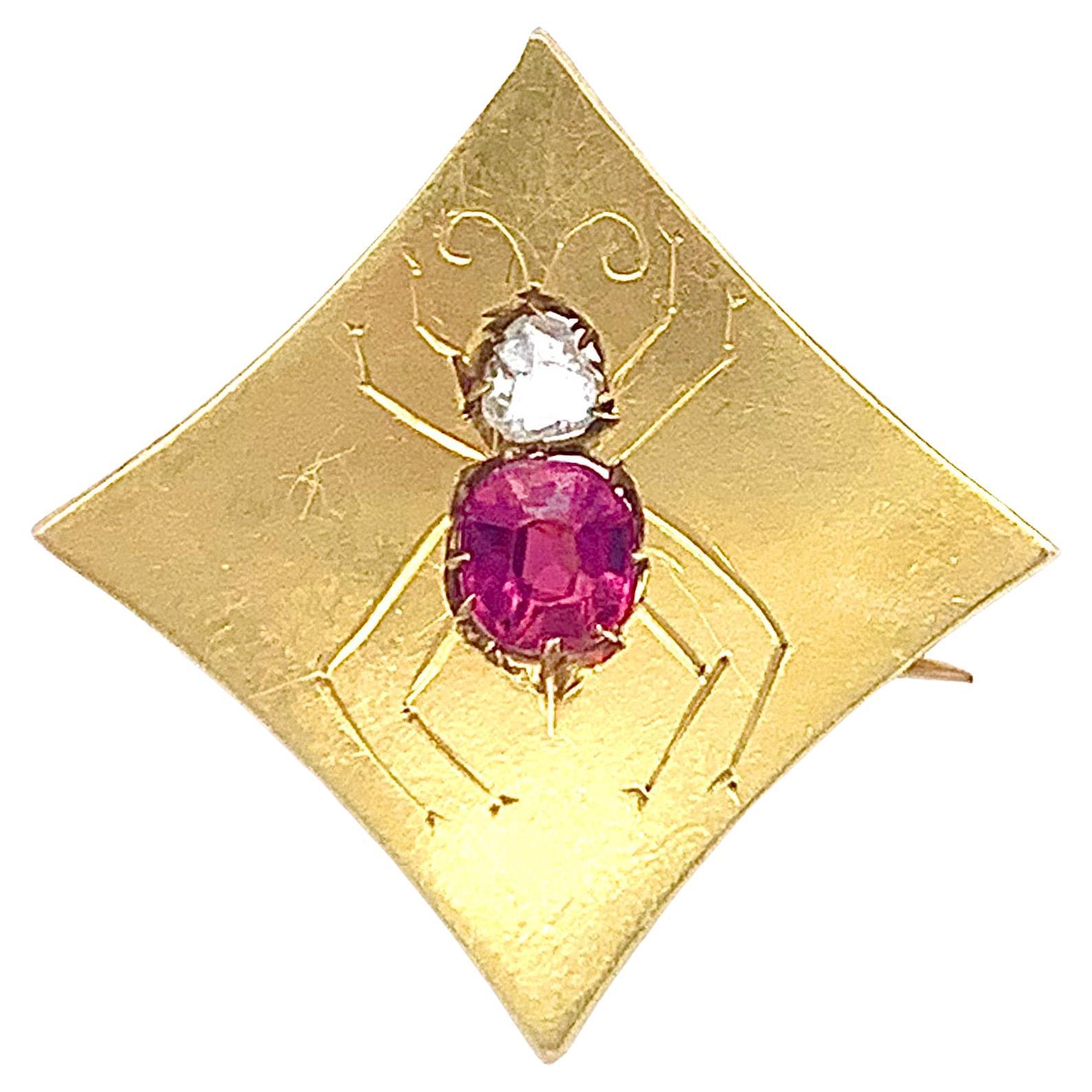 Belle Époque Spider Ruby Diamond 14kt Gold Brooch For Sale