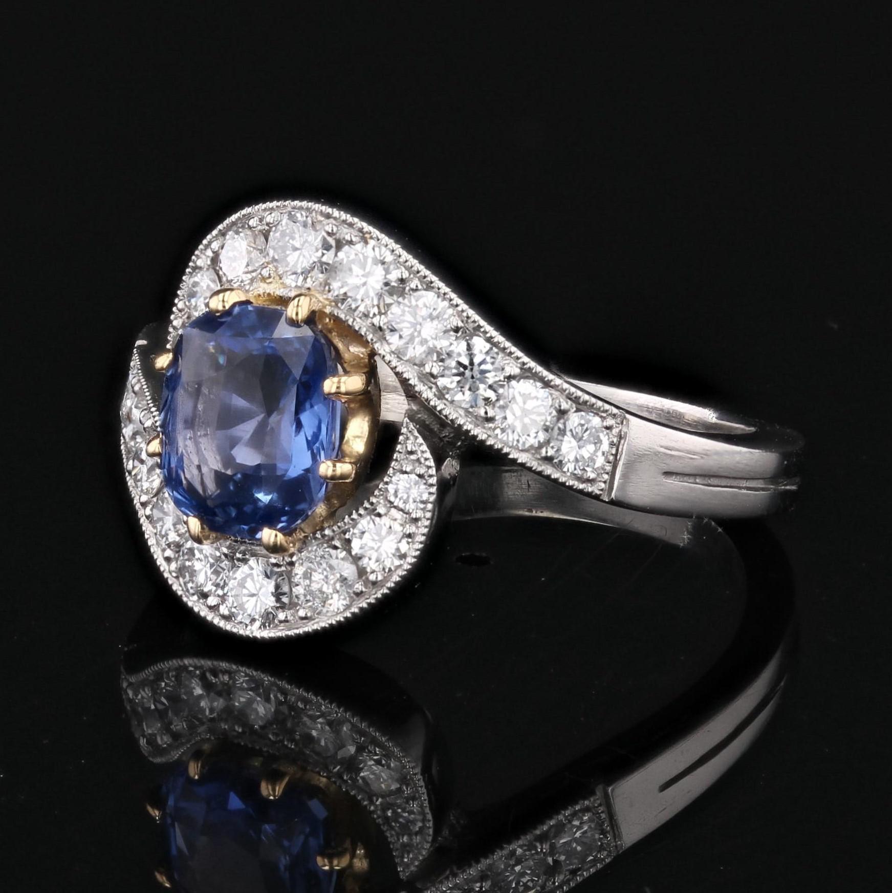 Belle Epoque Spirit Sapphire Diamonds 18 Karat Yellow Gold Platinum Swirl Ring In New Condition For Sale In Poitiers, FR