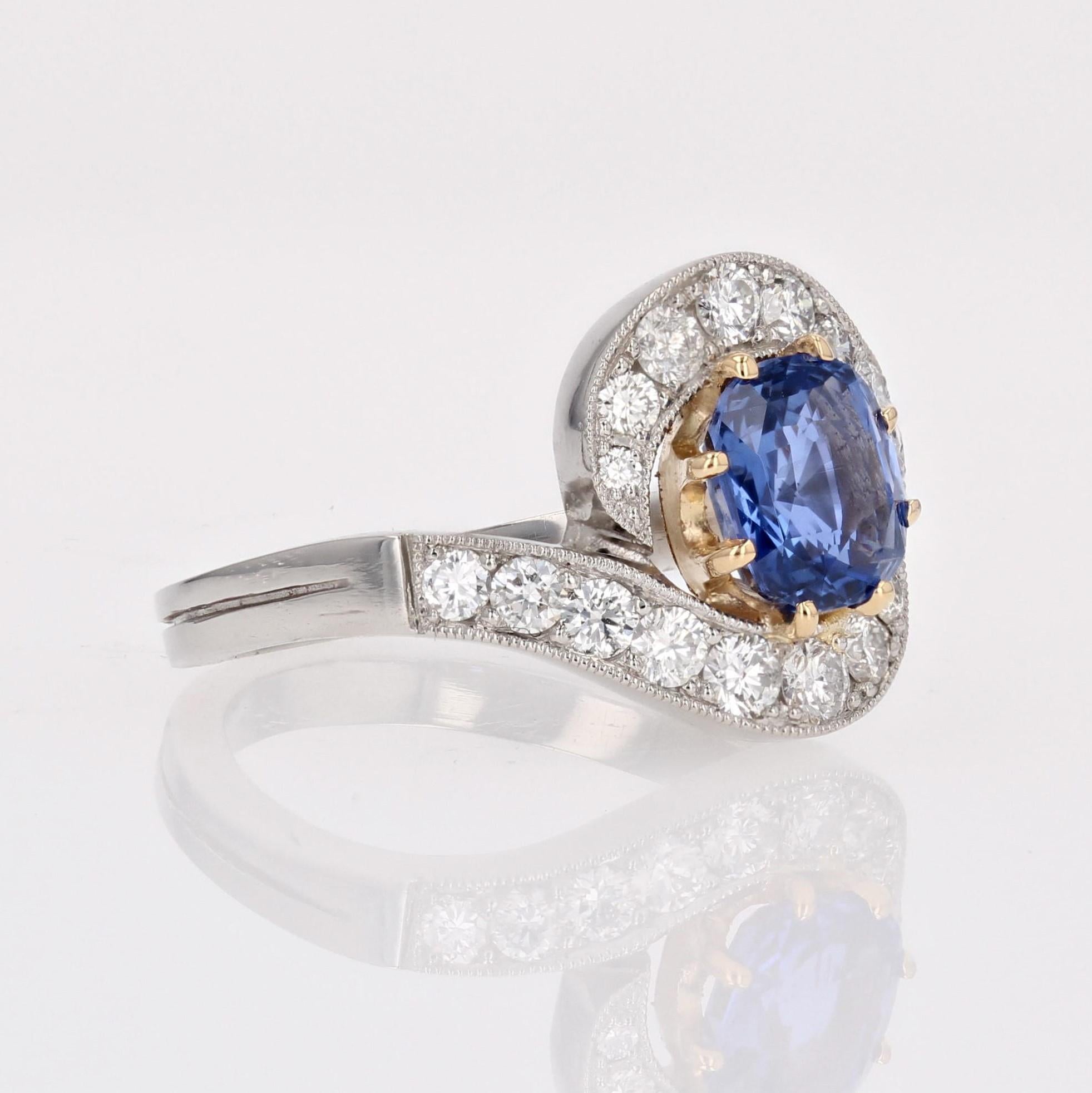 Belle Epoque Spirit Sapphire Diamonds 18 Karat Yellow Gold Platinum Swirl Ring For Sale 3