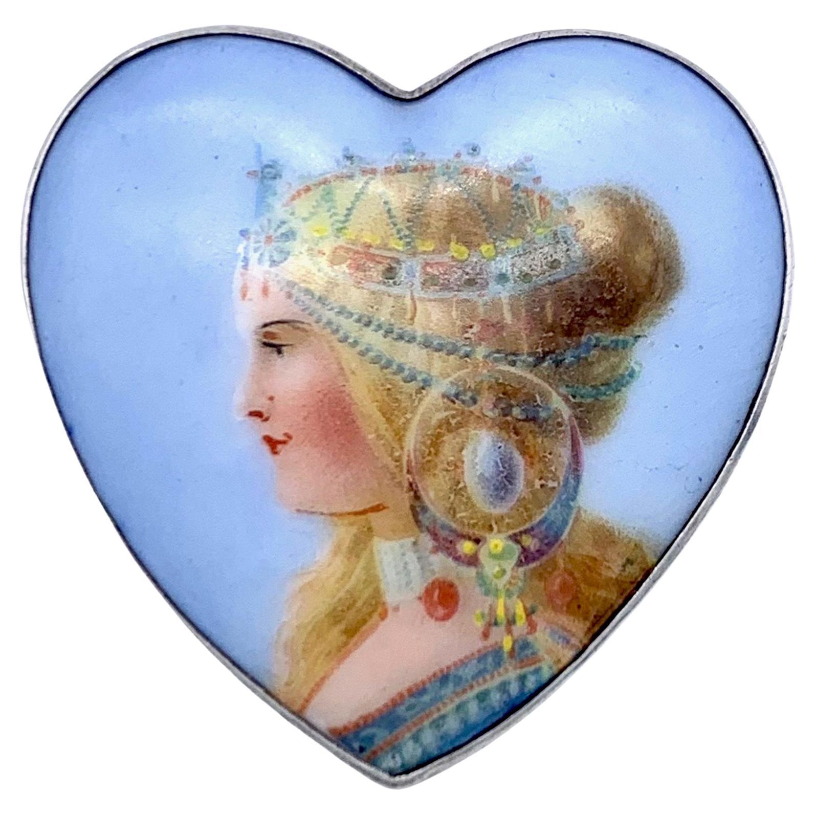 Belle Epoque Star Heart Beauty on Porcellain Silver Brooch For Sale