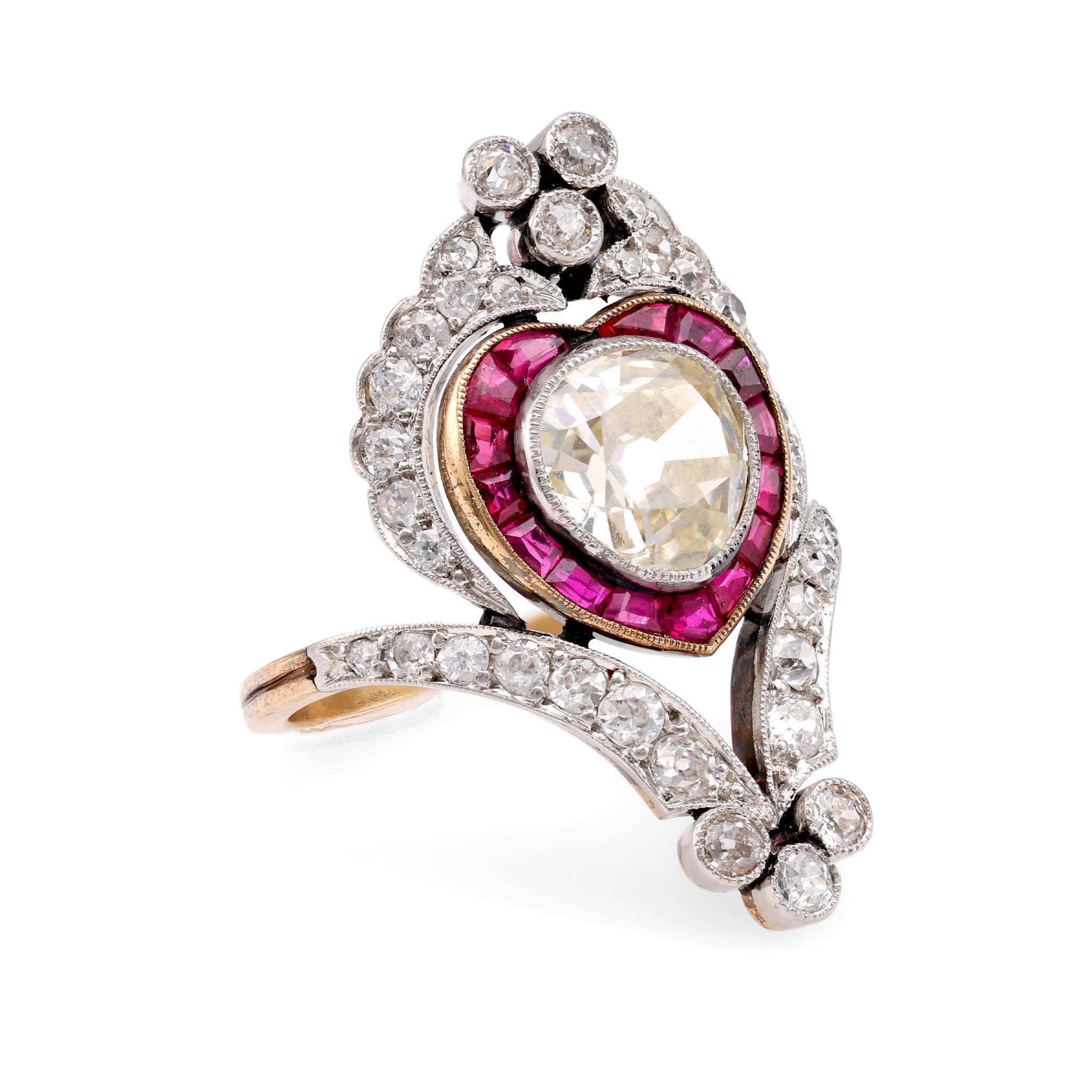 Old Mine Cut Belle Époque Style  2.12 Carat Diamond Ruby 18K Yellow Gold Cocktail Ring For Sale