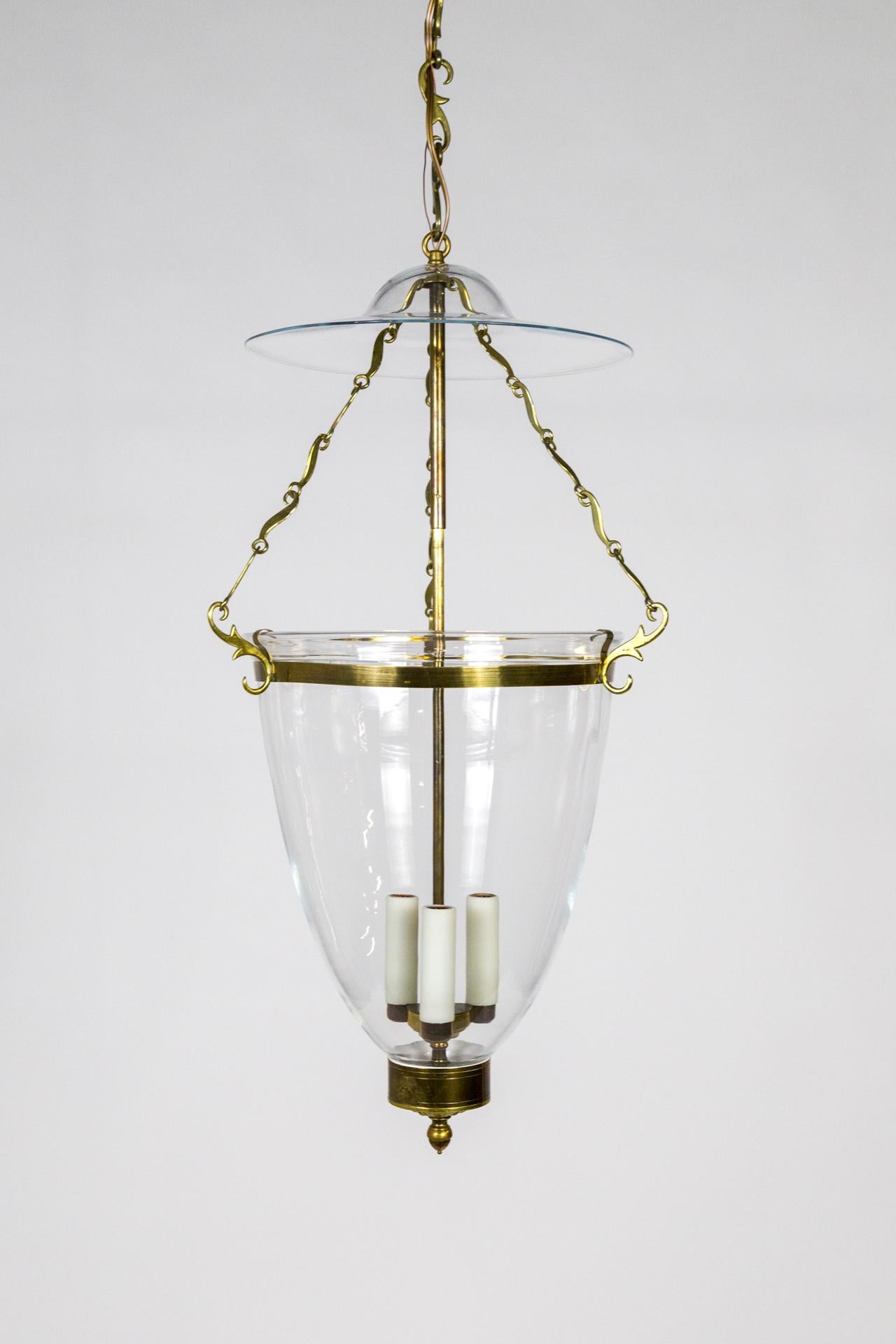 Belle Epoque Style Brass & Glass Bell Jar Lantern w/ Smoke Bell & Swirling Chain 3