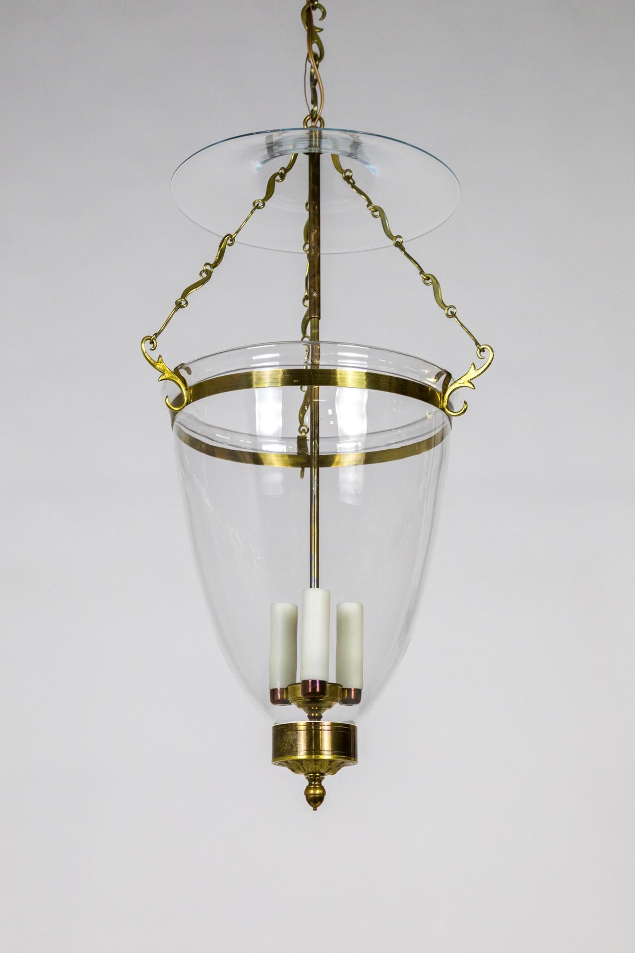 Belle Epoque Style Brass & Glass Bell Jar Lantern w/ Smoke Bell & Swirling Chain For Sale 4