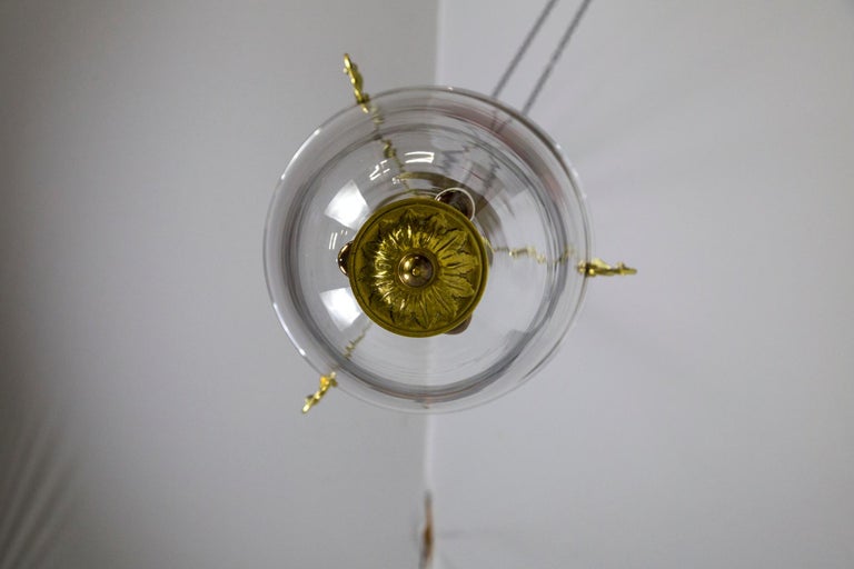 Belle Epoque Style Brass & Glass Bell Jar Lantern w/ Smoke Bell & Swirling Chain For Sale 5