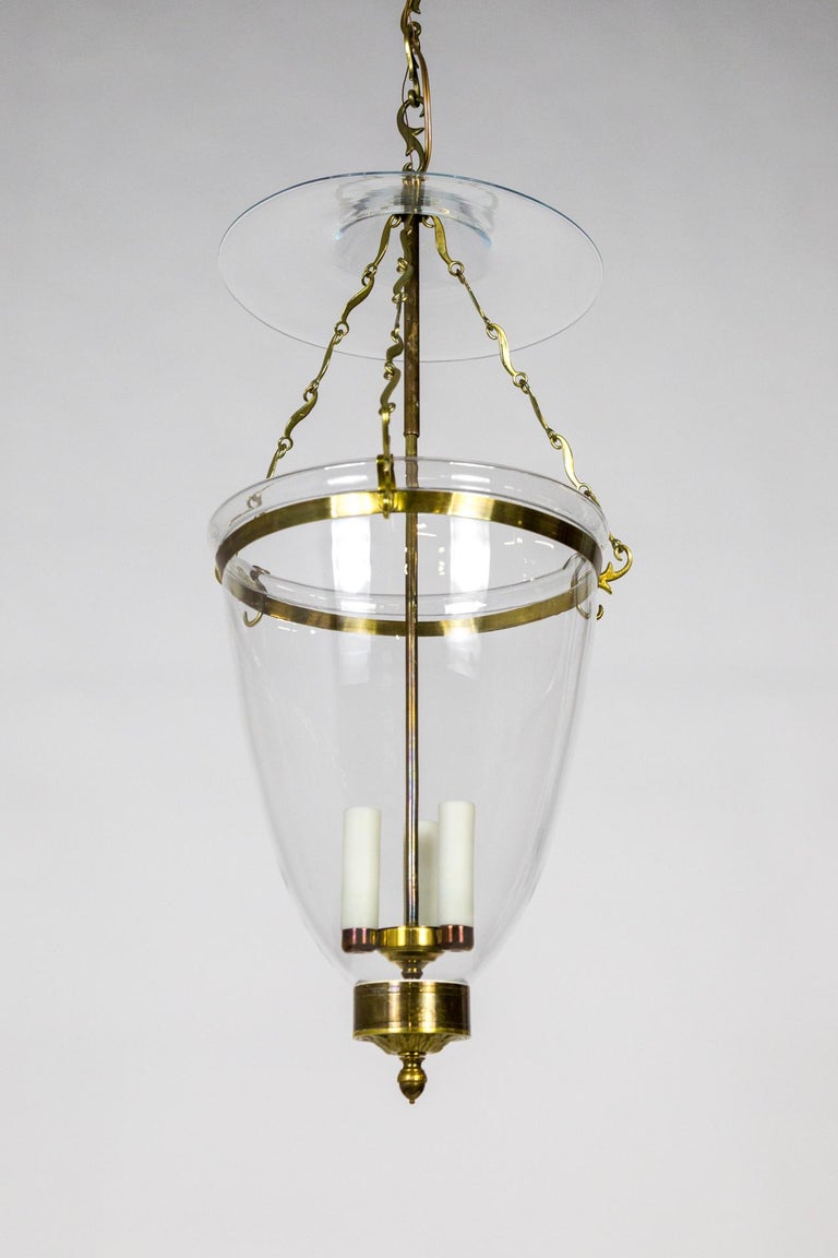 Belle Époque Belle Epoque Style Brass & Glass Bell Jar Lantern w/ Smoke Bell & Swirling Chain For Sale