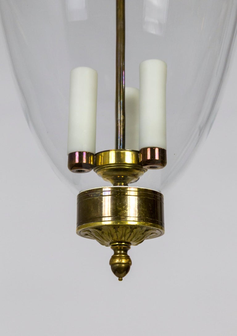 American Belle Epoque Style Brass & Glass Bell Jar Lantern w/ Smoke Bell & Swirling Chain For Sale