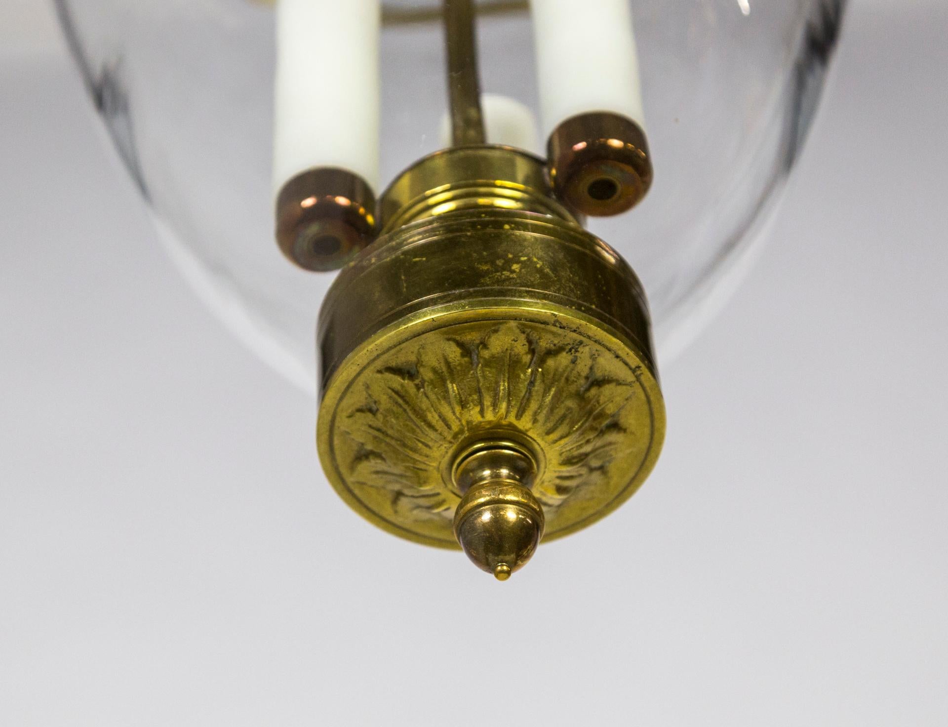 American Belle Epoque Style Brass & Glass Bell Jar Lantern w/ Smoke Bell & Swirling Chain For Sale