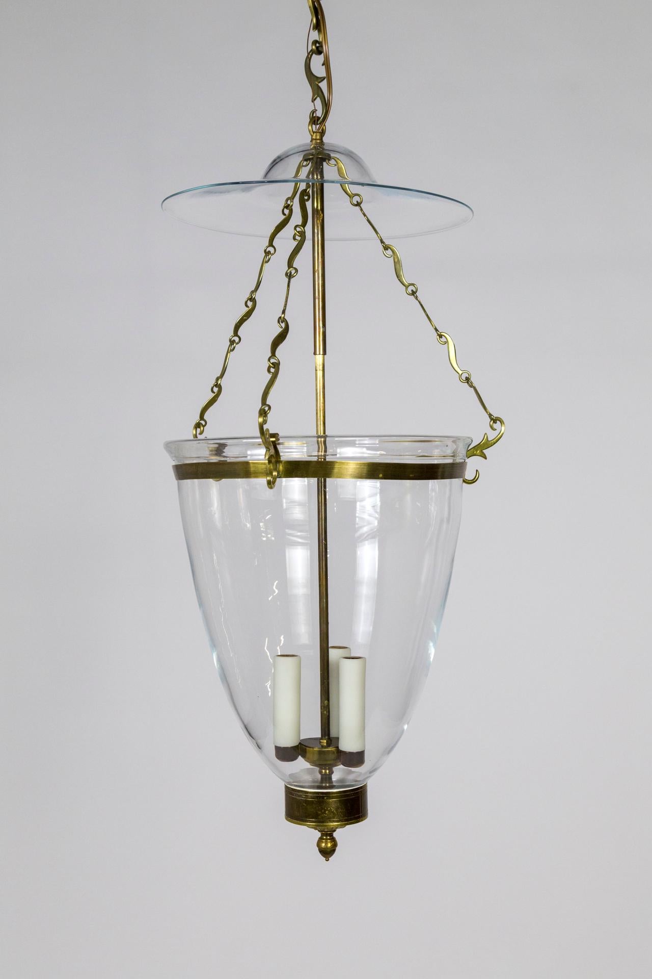 Belle Epoque Style Brass & Glass Bell Jar Lantern w/ Smoke Bell & Swirling Chain In Good Condition For Sale In San Francisco, CA