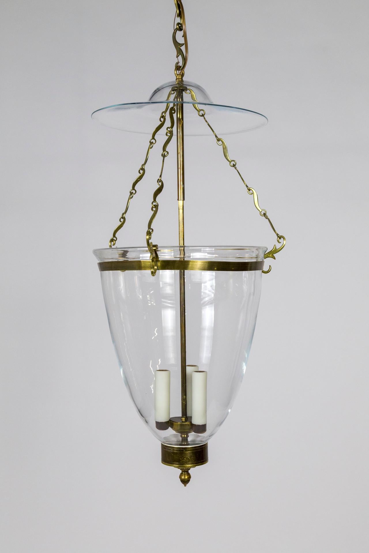 Belle Epoque Style Brass & Glass Bell Jar Lantern w/ Smoke Bell & Swirling Chain In Good Condition In San Francisco, CA