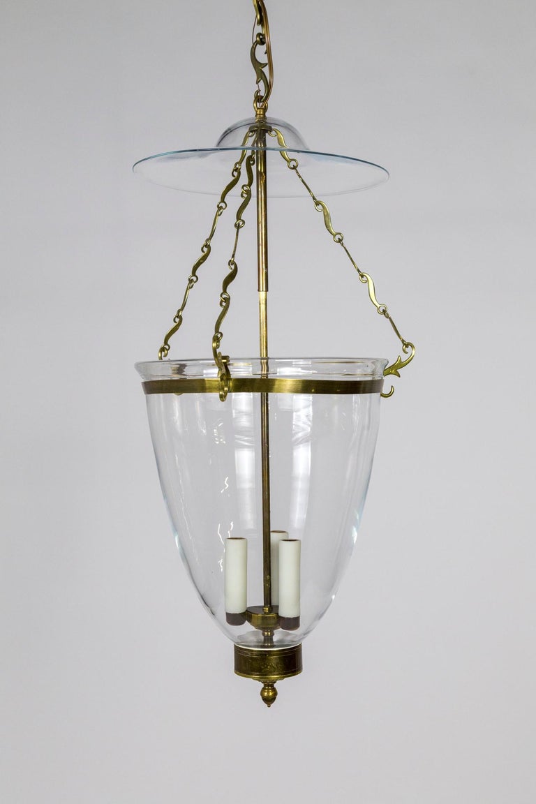 Late 20th Century Belle Epoque Style Brass & Glass Bell Jar Lantern w/ Smoke Bell & Swirling Chain For Sale