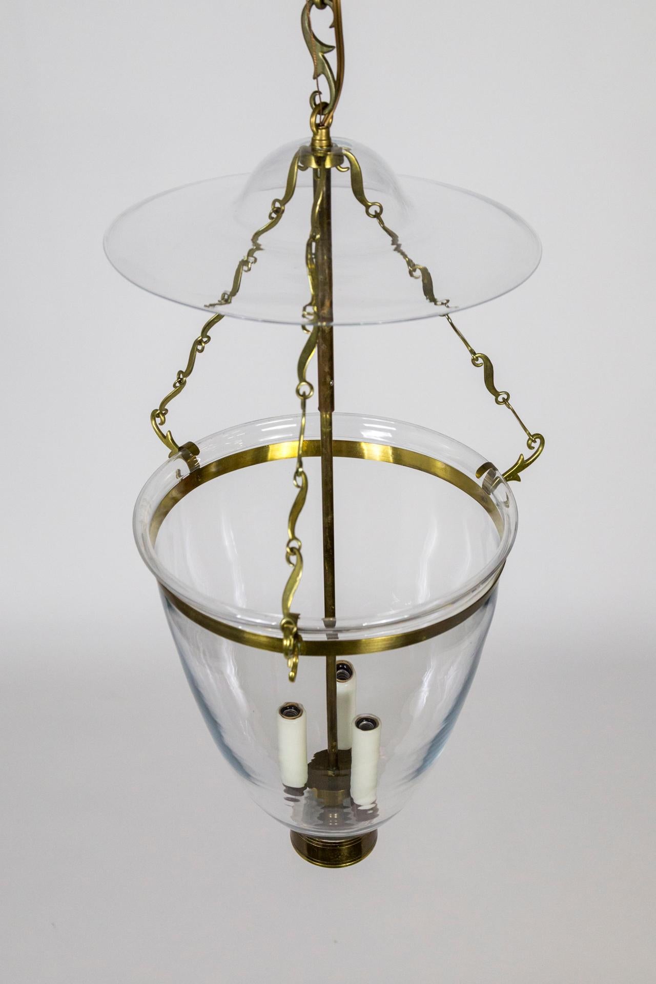 Belle Epoque Style Brass & Glass Bell Jar Lantern w/ Smoke Bell & Swirling Chain 1