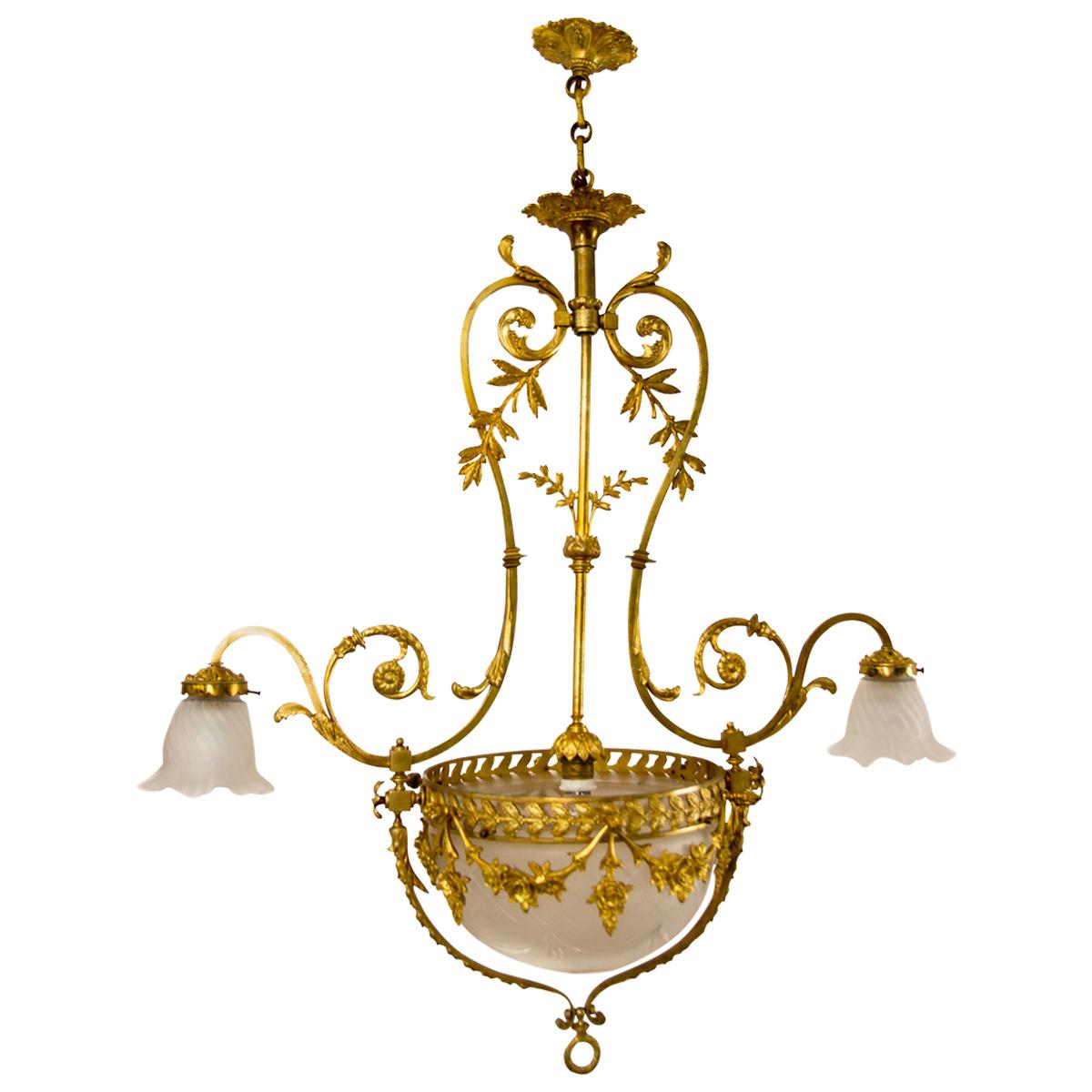 Belle Époque Style Gilt Bronze and Frosted Glass ThreeLight Chandelier