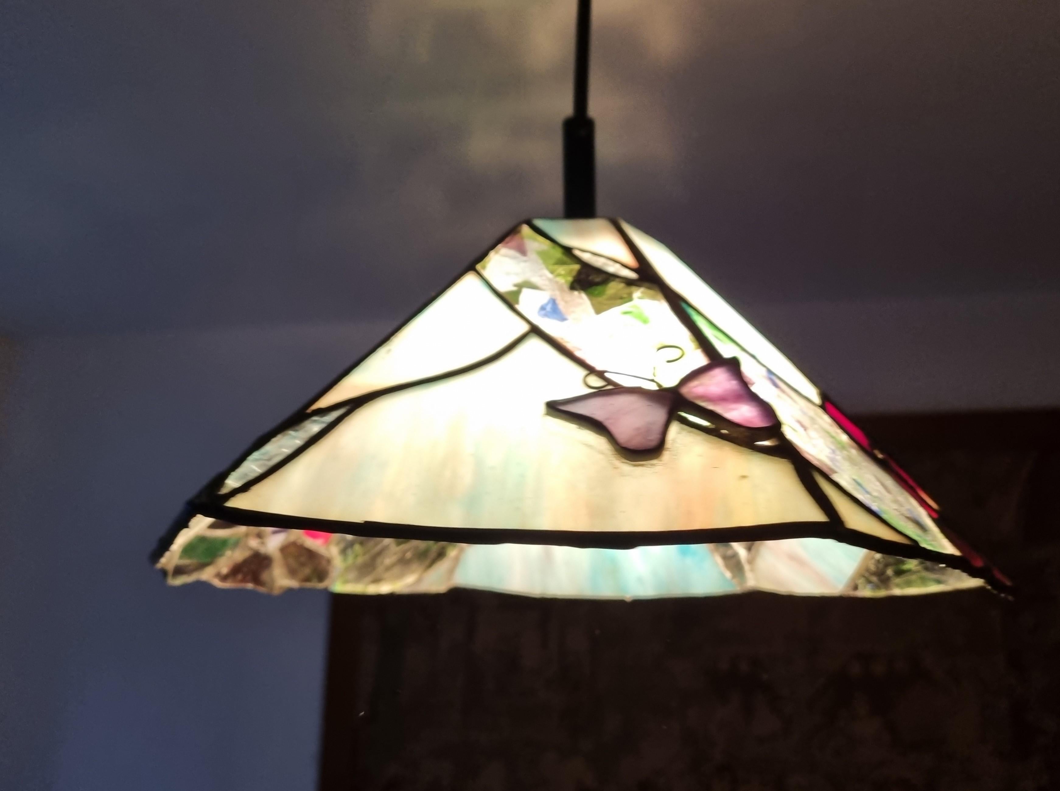 Belle Epoque Style Hanging Lamp Made of Handmade Tiffany Glass For Sale 1