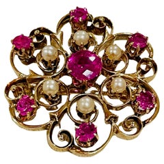 Belle Epoque  Style Pink Sapphire and Pearl Brooch