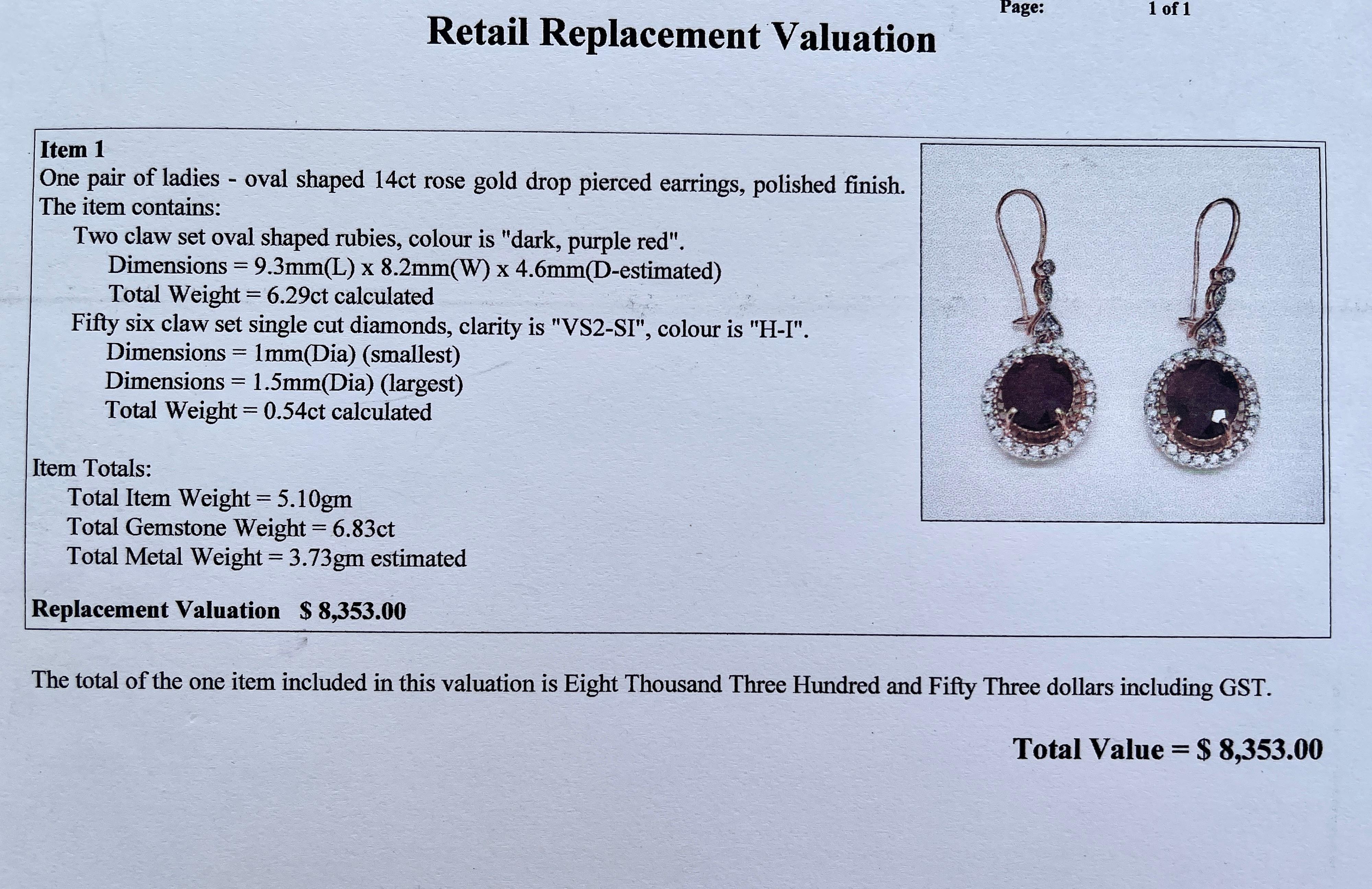 Round Cut Belle Epoque Style Ruby Diamond Dangle Hook Earrings 14ct Rose Gold Valuation For Sale