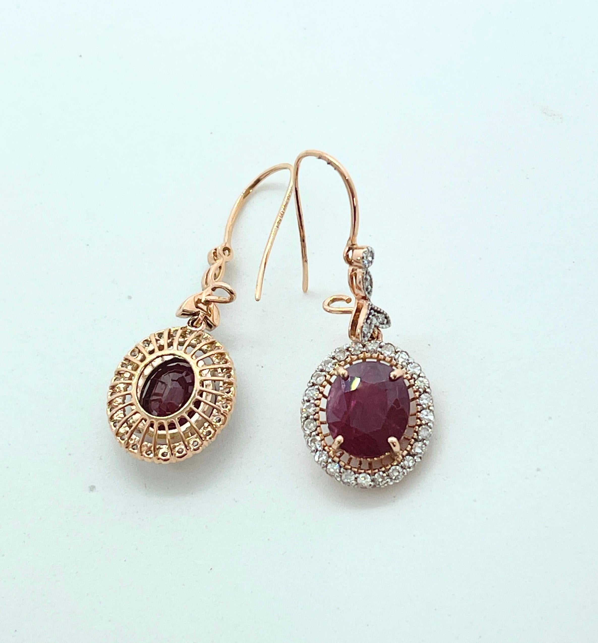 Belle Epoque Style Ruby Diamond Dangle Hook Earrings 14ct Rose Gold Valuation In New Condition For Sale In Mona Vale, NSW