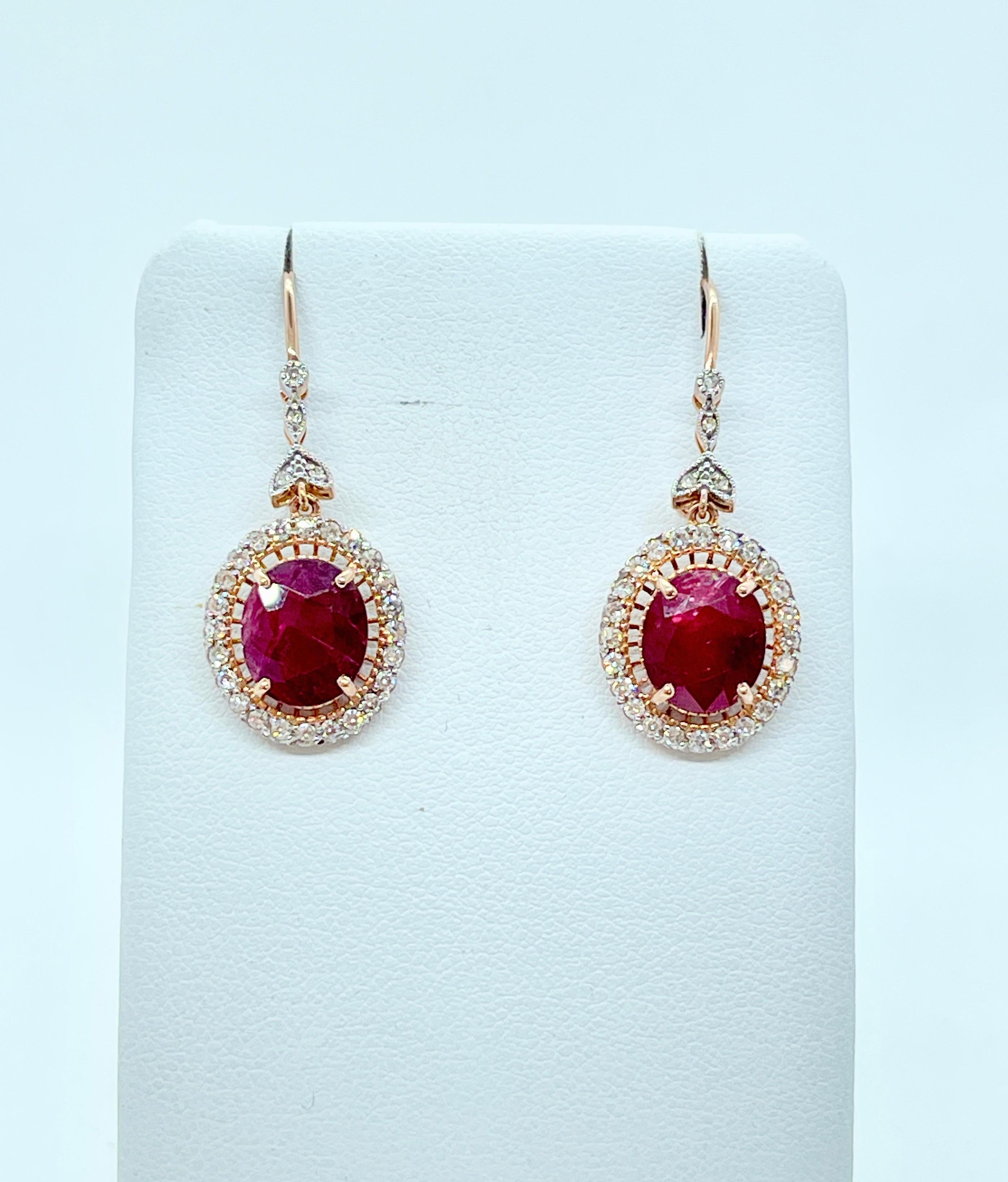 Women's Belle Epoque Style Ruby Diamond Dangle Hook Earrings 14ct Rose Gold Valuation For Sale