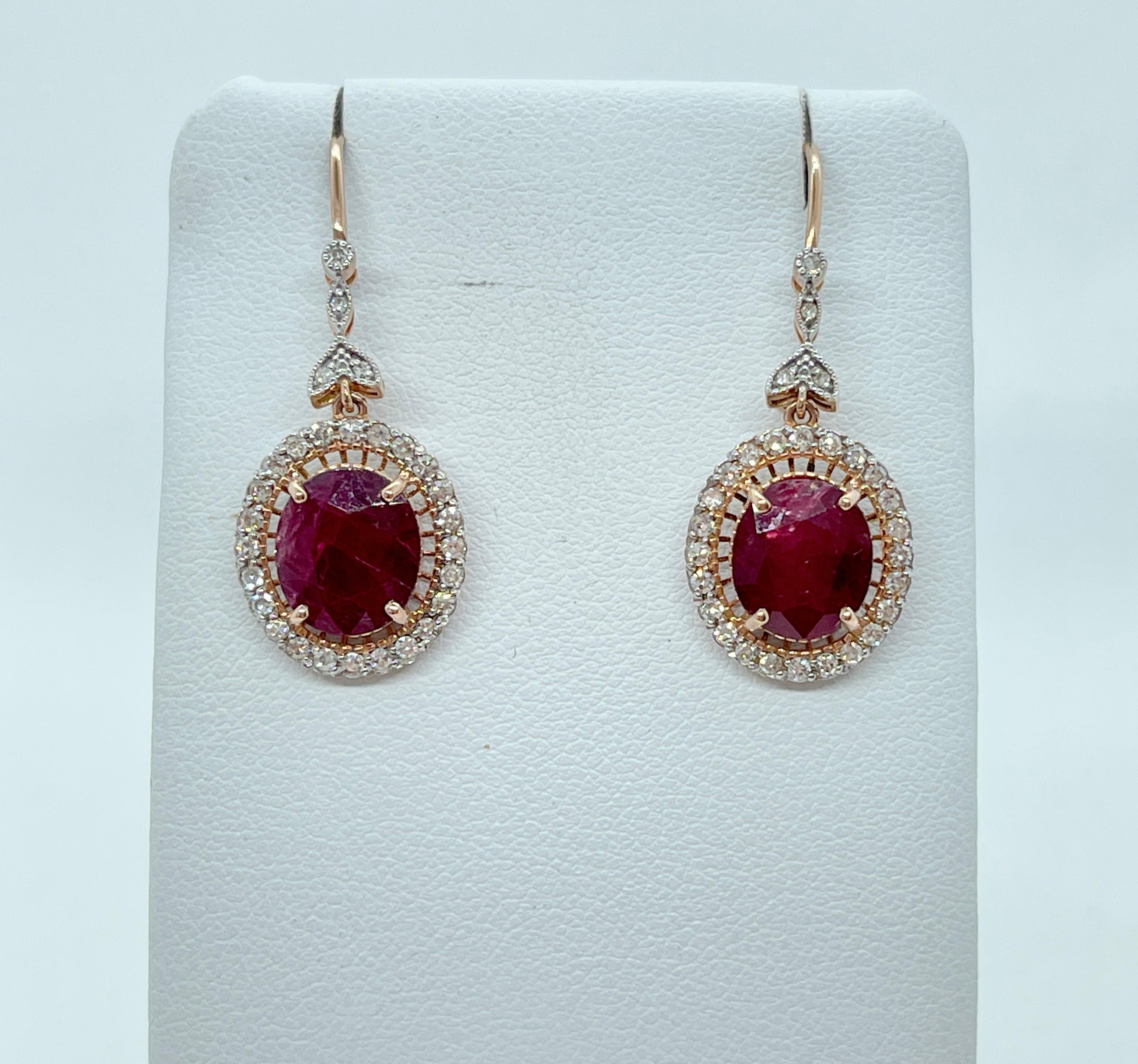 Belle Epoque Style Ruby Diamond Dangle Hook Earrings 14ct Rose Gold Valuation For Sale 1