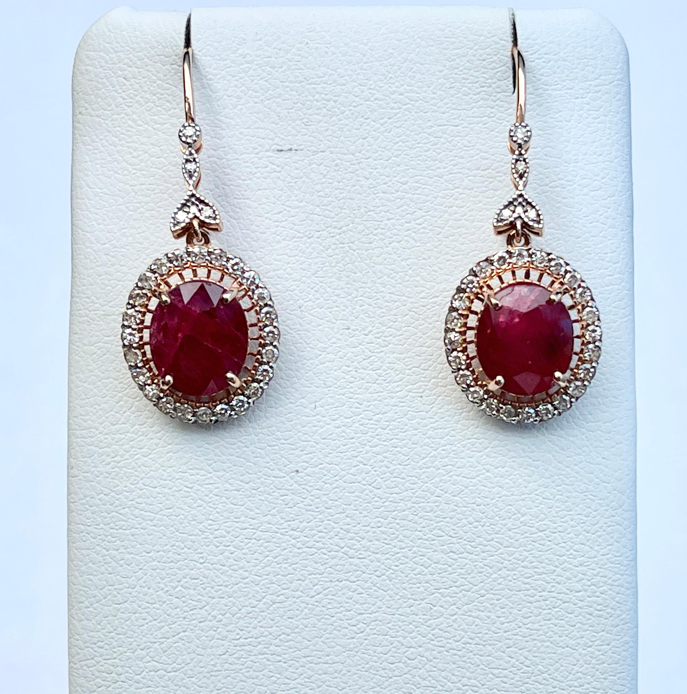 Belle Epoque Style Ruby Diamond Dangle Hook Earrings 14ct Rose Gold Valuation For Sale 2