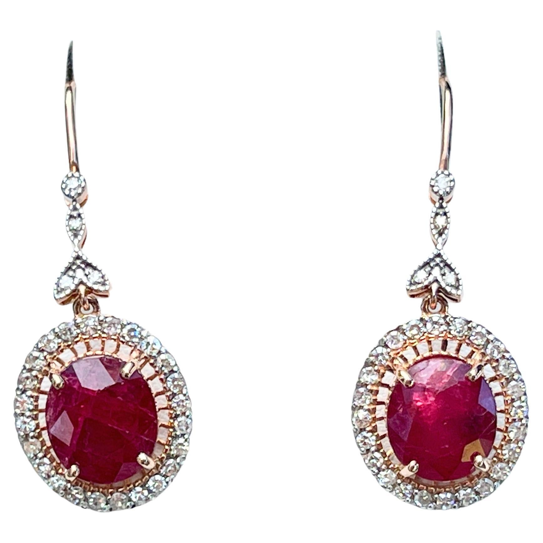 Belle Epoque Style Ruby Diamond Dangle Hook Earrings 14ct Rose Gold Valuation