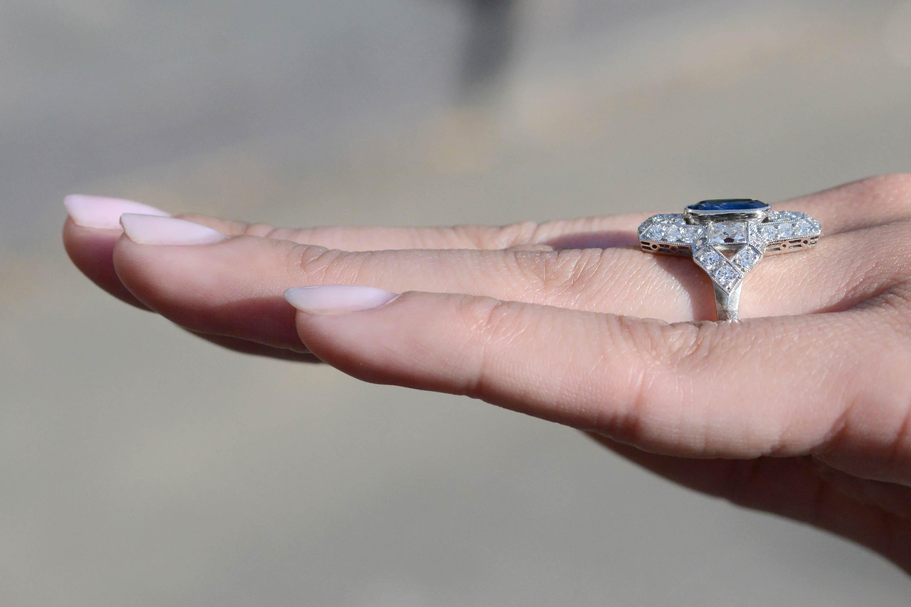 Belle Époque Belle Epoque Style Sapphire & Diamond Long Filigree Ring For Sale