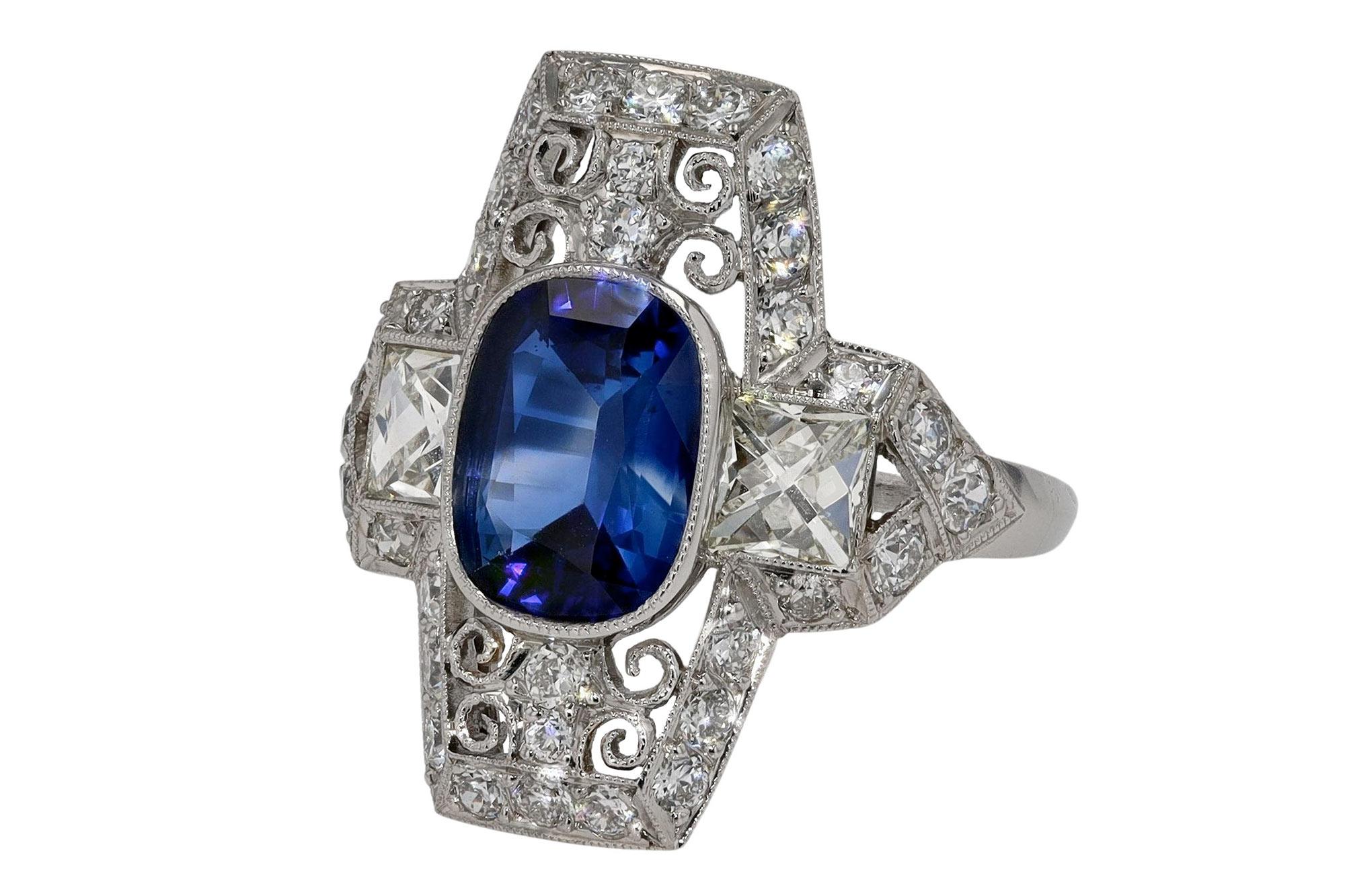 Belle Epoque Style Sapphire & Diamond Long Filigree Ring In New Condition For Sale In Santa Barbara, CA