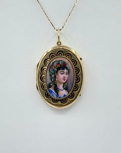 Belle Epoque Swiss Enamel Portrait Locket Necklace 14 Karat Gold