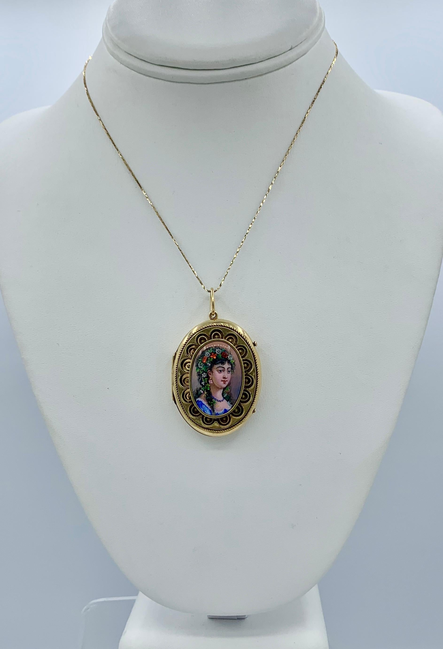 Victorian Belle Epoque Swiss Enamel Portrait Locket Necklace 14 Karat Gold