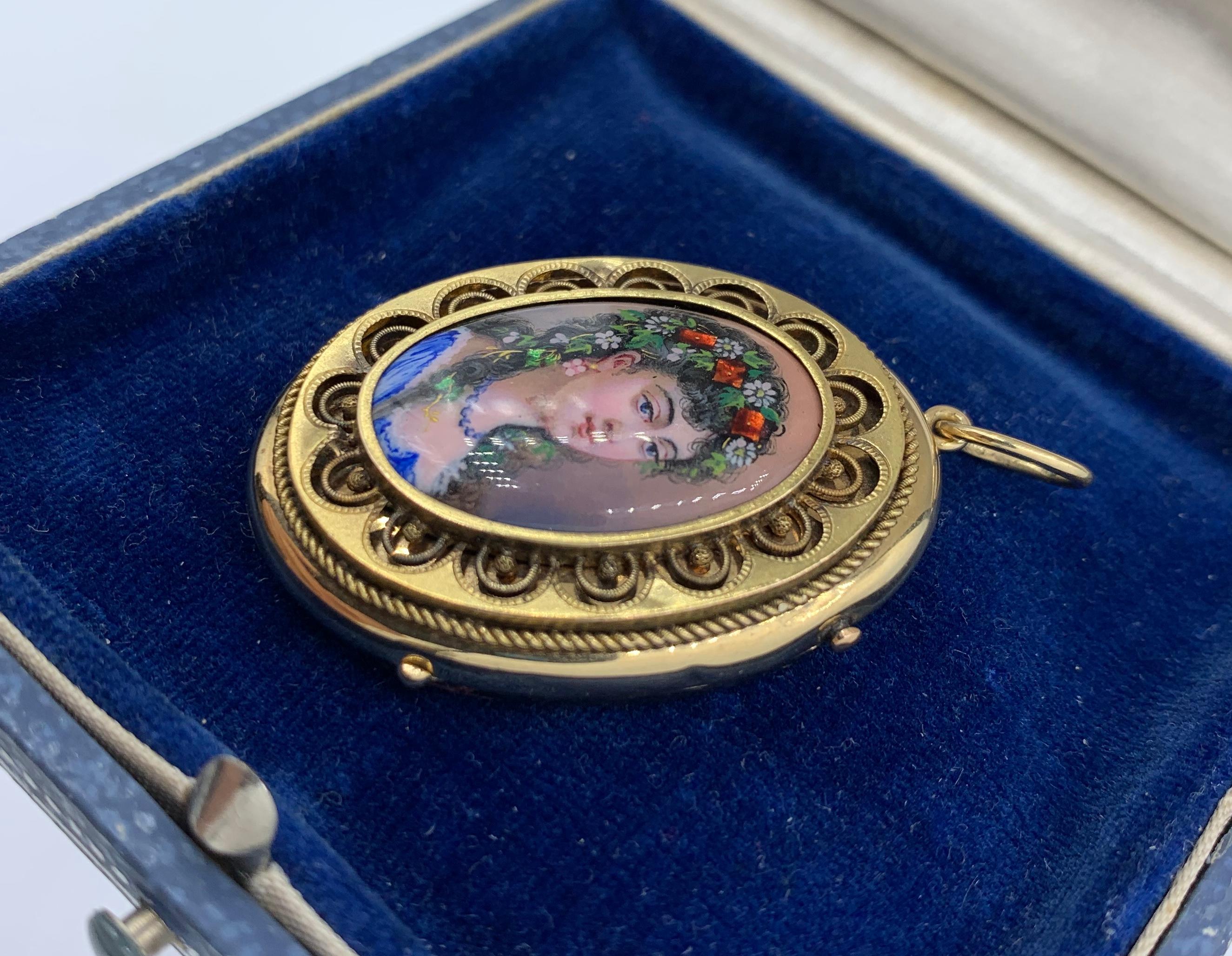 Belle Epoque Schweizer Emaille Porträt Medaillon Halskette 14 Karat Gold 1