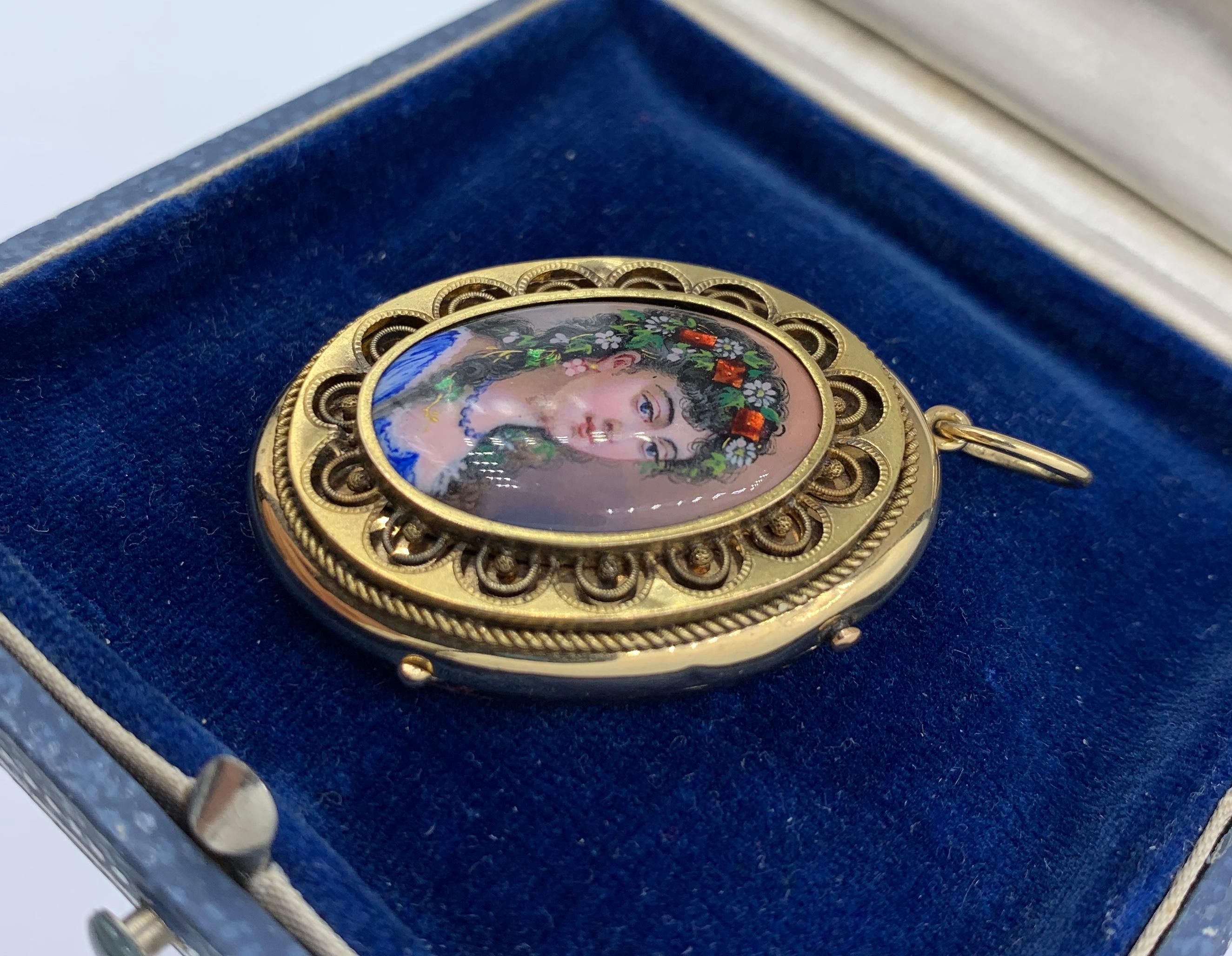 Belle Epoque Swiss Enamel Portrait Locket Necklace 14 Karat Gold 1