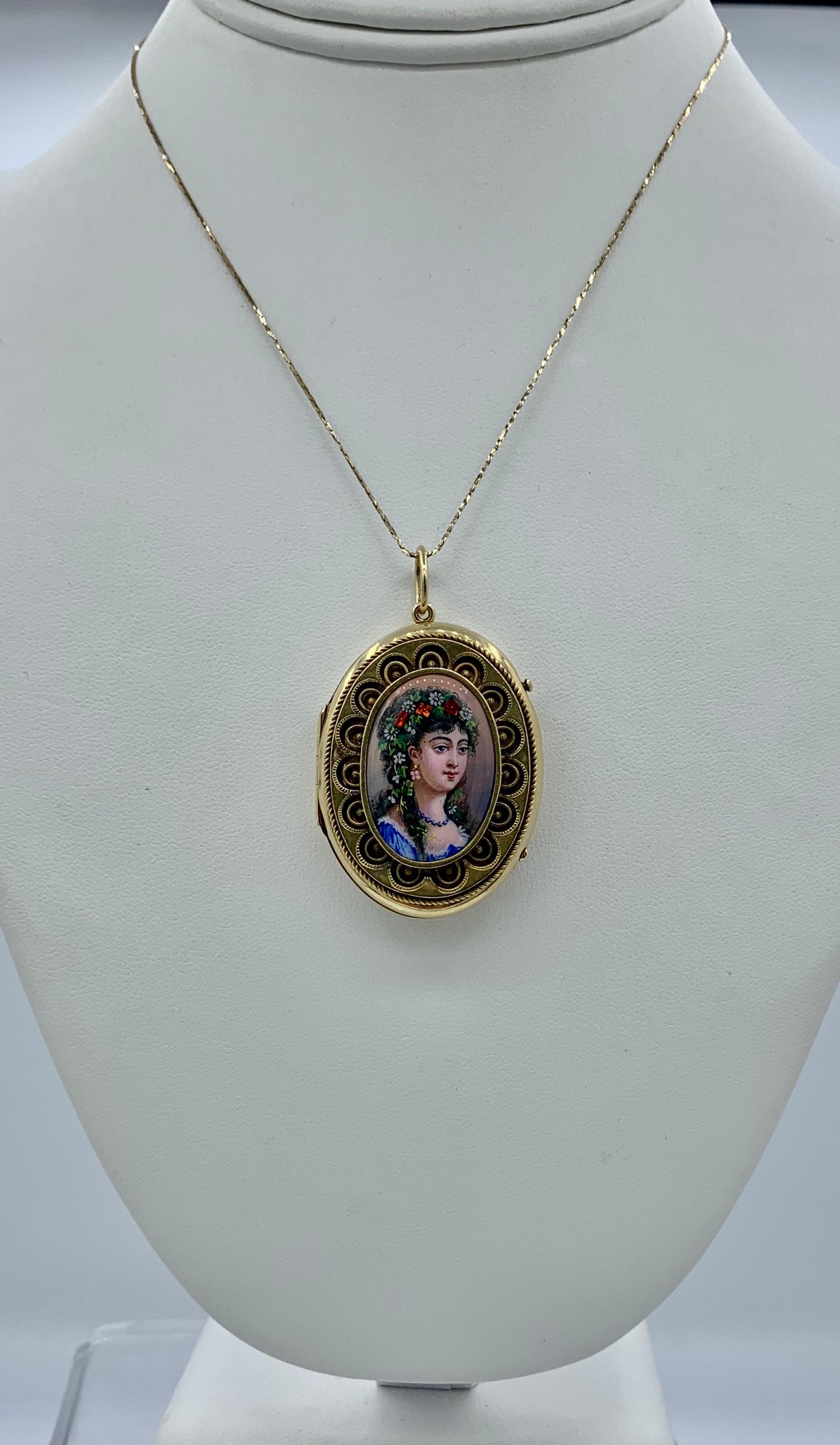 Belle Epoque Swiss Enamel Portrait Locket Necklace 14 Karat Gold 3