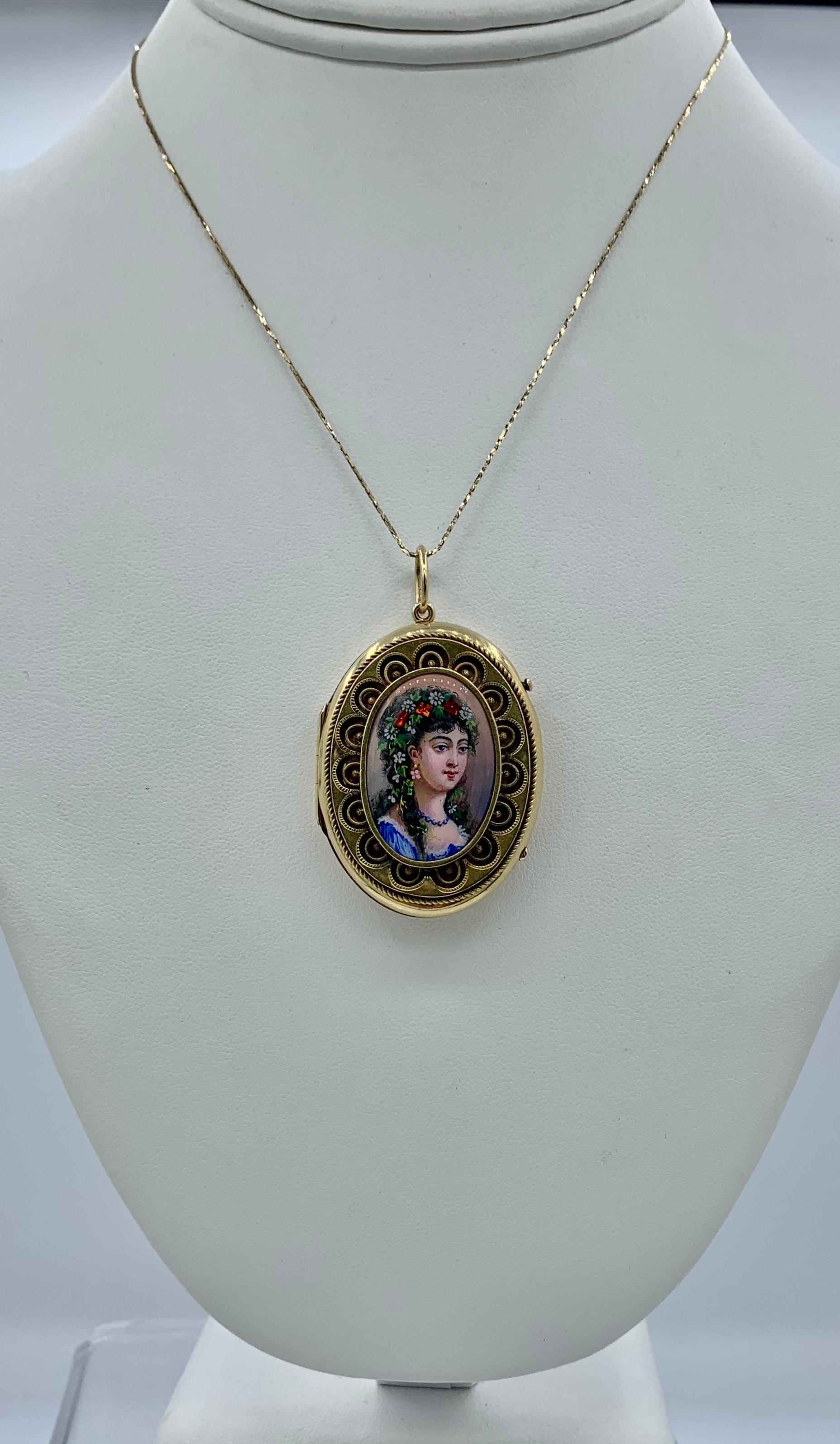 Belle Epoque Schweizer Emaille Porträt Medaillon Halskette 14 Karat Gold 3