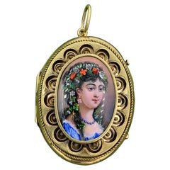 Belle Epoque Schweizer Emaille Porträt Medaillon Halskette 14 Karat Gold