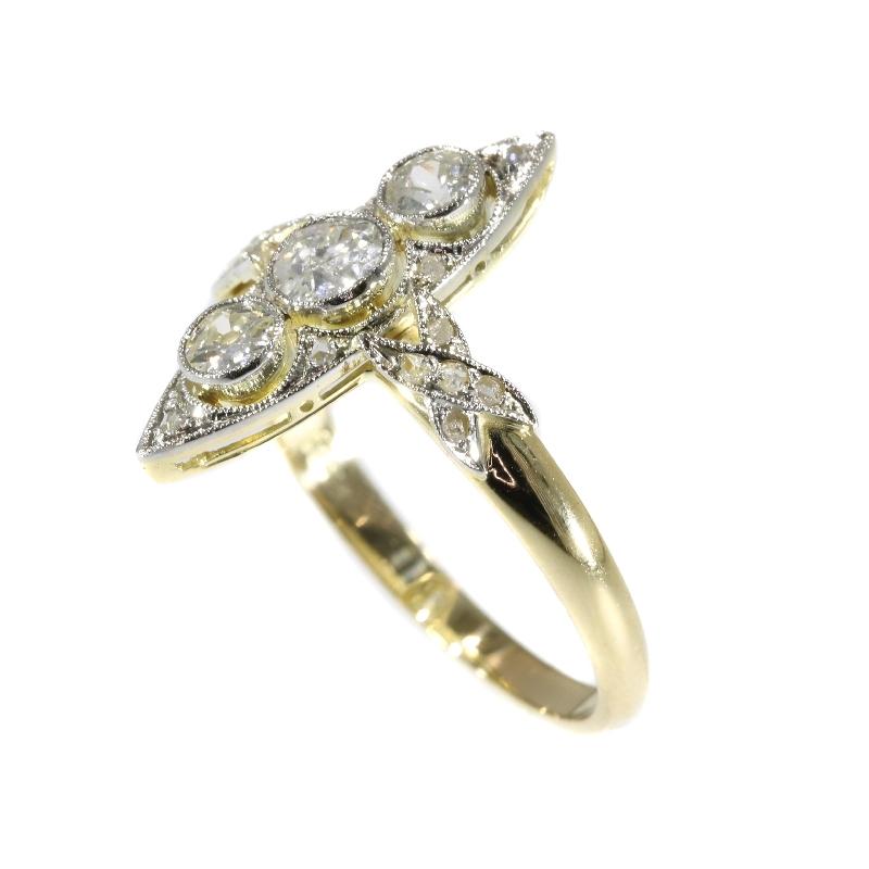 Old European Cut Belle Epoque Three Diamond 14 Karat Yellow Gold Marquise Engagement Ring, 1920s For Sale